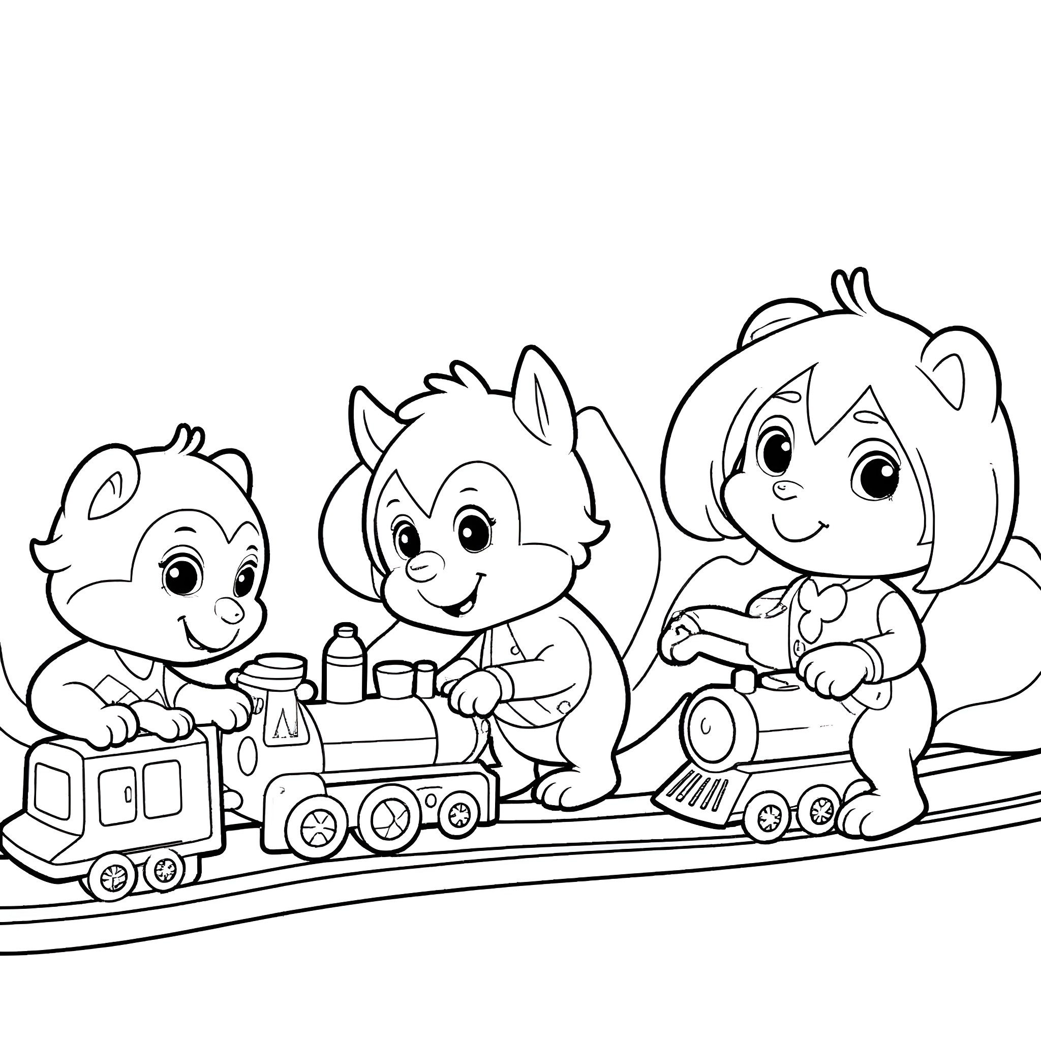 Duggee and Friends Play with Toy Trains Coloring Page (free black-and-white line drawing printable PDF for all, from beginners to advanced learners, including children, teens, adults, and seniors)