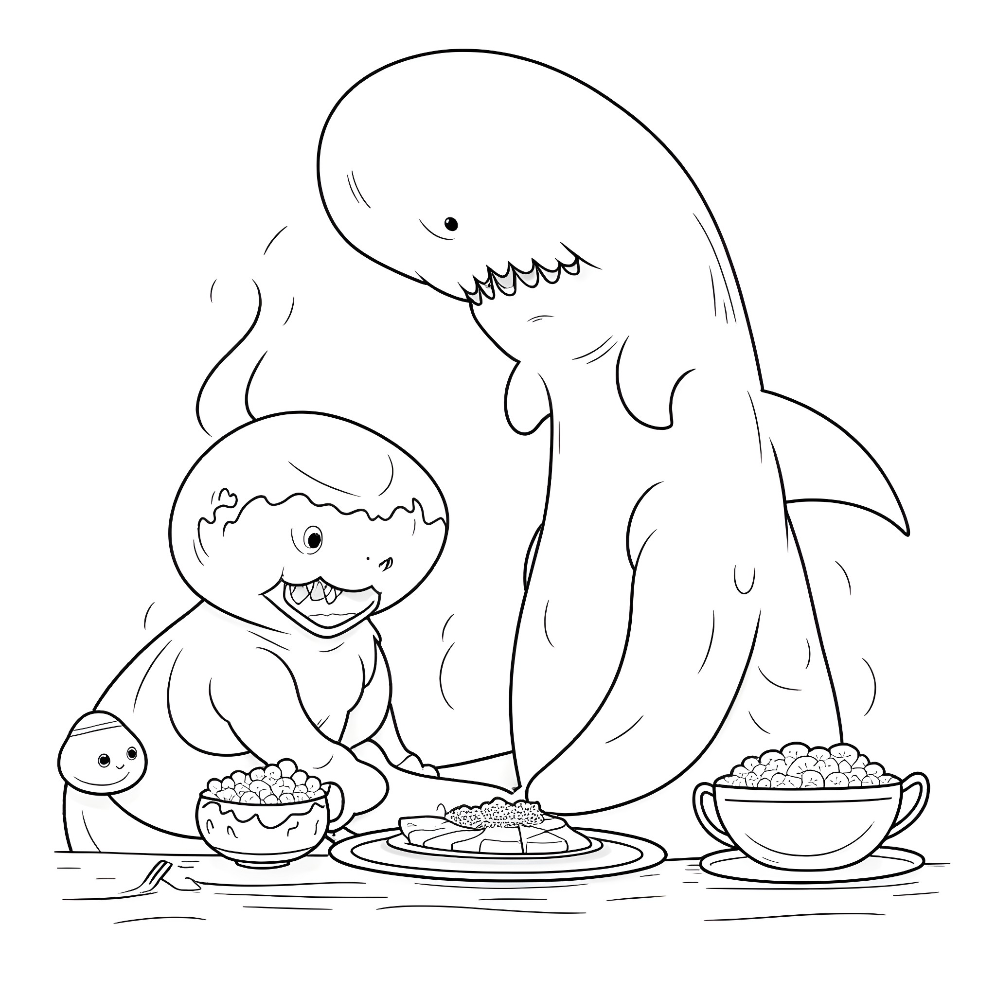 Shark family sharing a meal together Coloring Page (free black-and-white line drawing printable PDF for all, from beginners to advanced learners, including children, teens, adults, and seniors)
