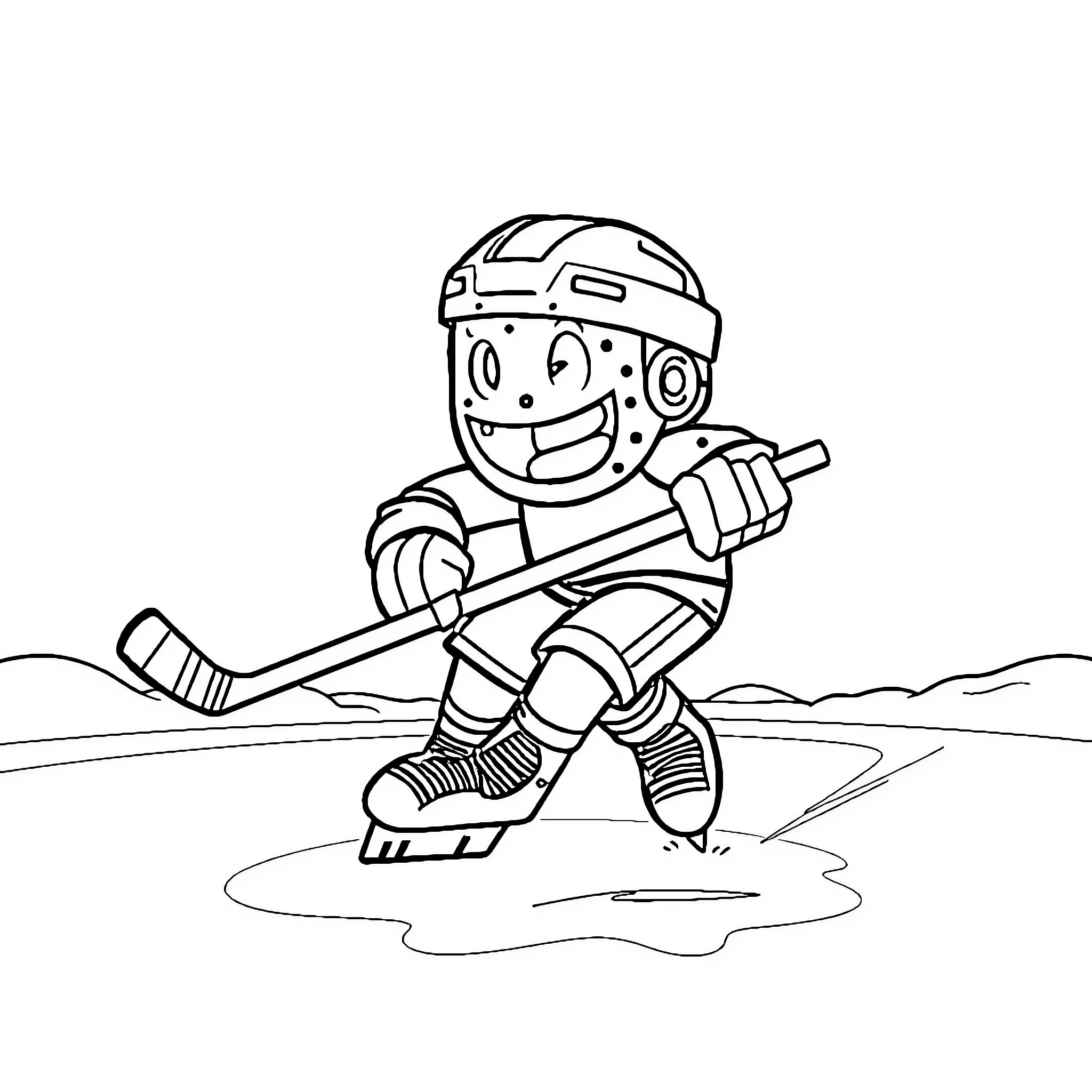 Creeper on Ice Hockey Rink Coloring Page (free black-and-white line drawing printable PDF for all, from beginners to advanced learners, including children, teens, adults, and seniors)