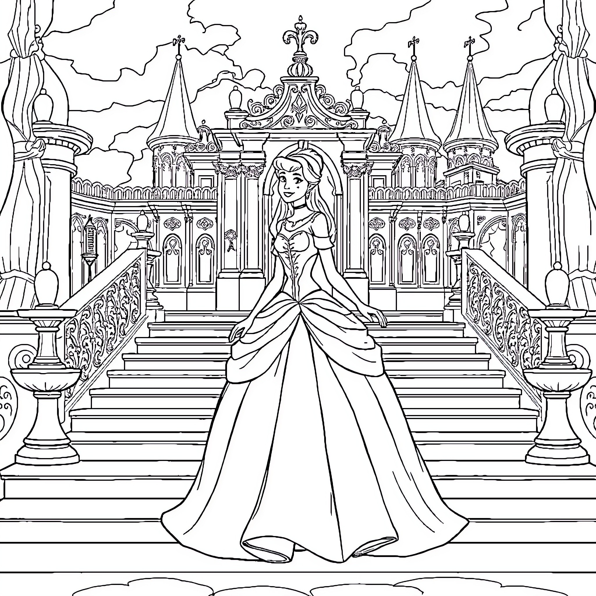Cinderella's Enchanting Castle Arrival Coloring Page (free black-and-white line drawing printable PDF for all, from beginners to advanced learners, including children, teens, adults, and seniors)