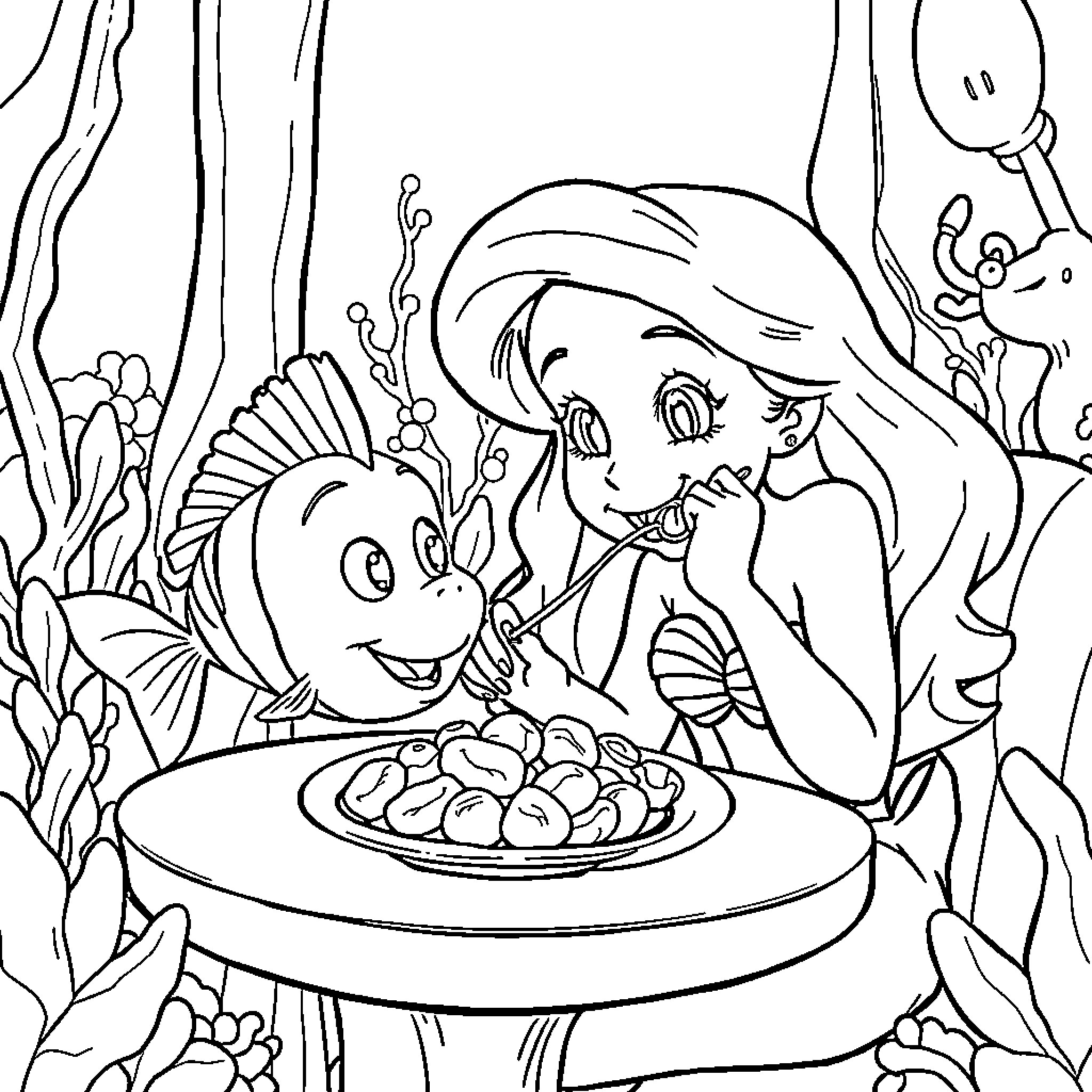 Ariel enjoying a seafood platter with Flounder Coloring Page (free black-and-white line drawing printable PDF for all, from beginners to advanced learners, including children, teens, adults, and seniors)