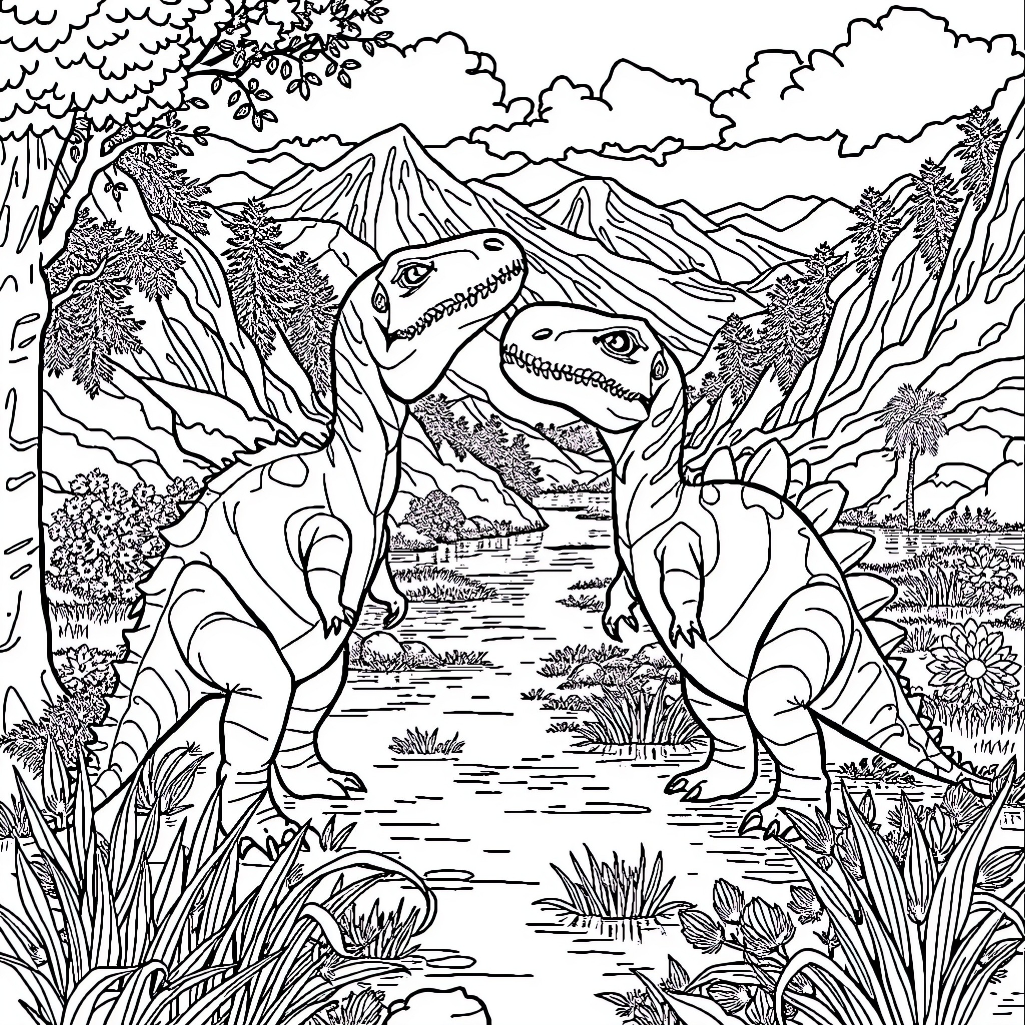 Dinosaurs exploring scenic mountain landscape Coloring Page (free black-and-white line drawing printable PDF for all, from beginners to advanced learners, including children, teens, adults, and seniors)
