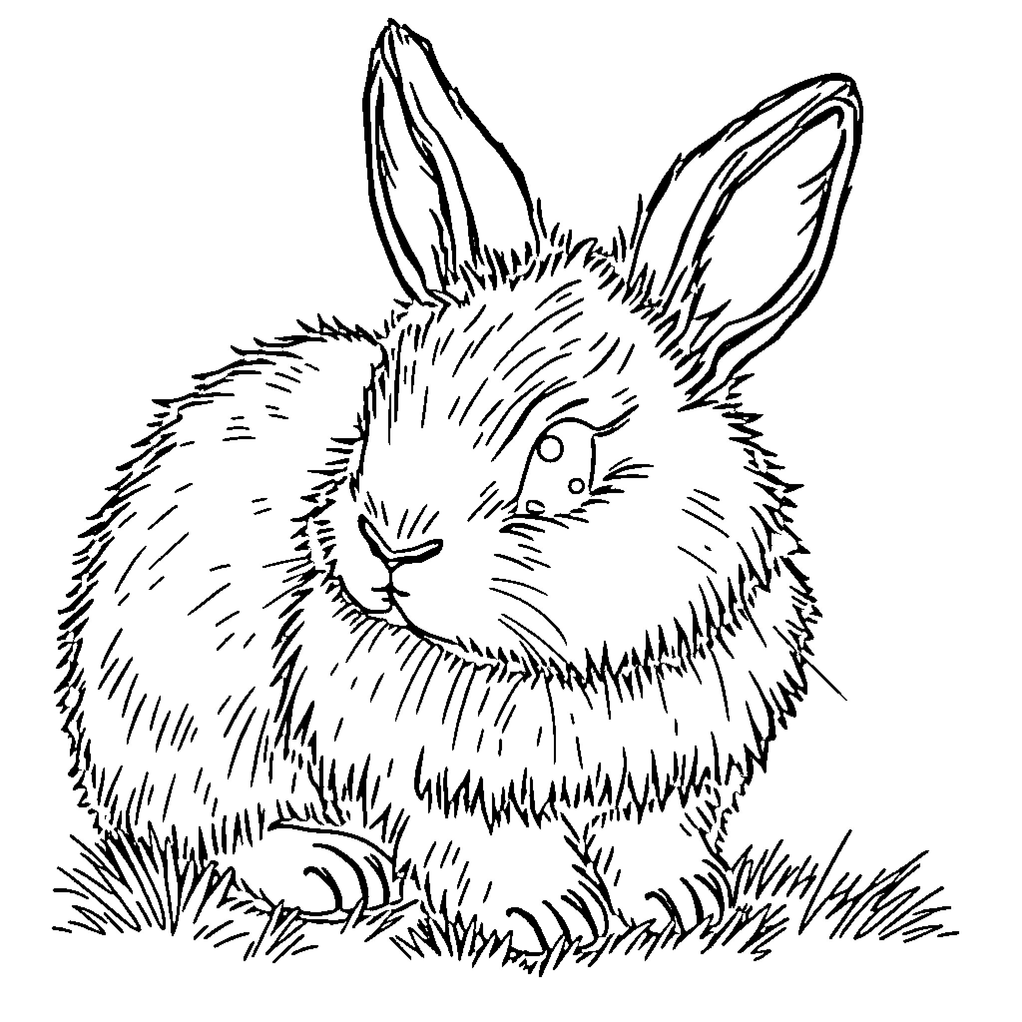 Rabbit sitting contemplatively in the grass Coloring Page (free black-and-white line drawing printable PDF for all, from beginners to advanced learners, including children, teens, adults, and seniors)