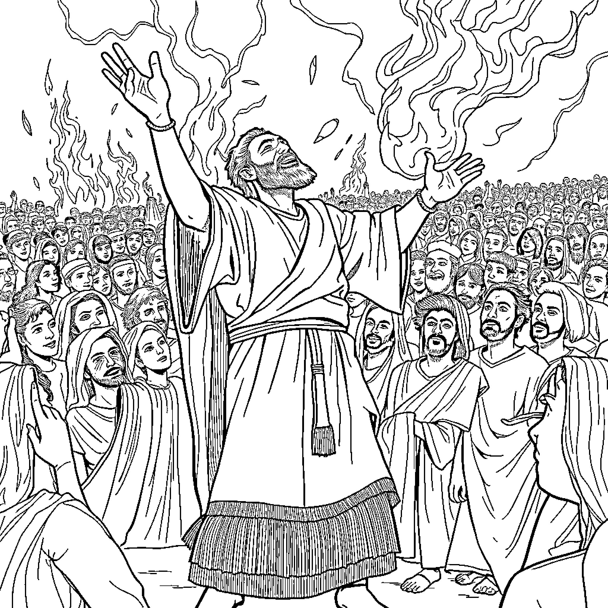 Prophet addressing and inspiring the devoted crowd Coloring Page (free black-and-white line drawing printable PDF for all, from beginners to advanced learners, including children, teens, adults, and seniors)