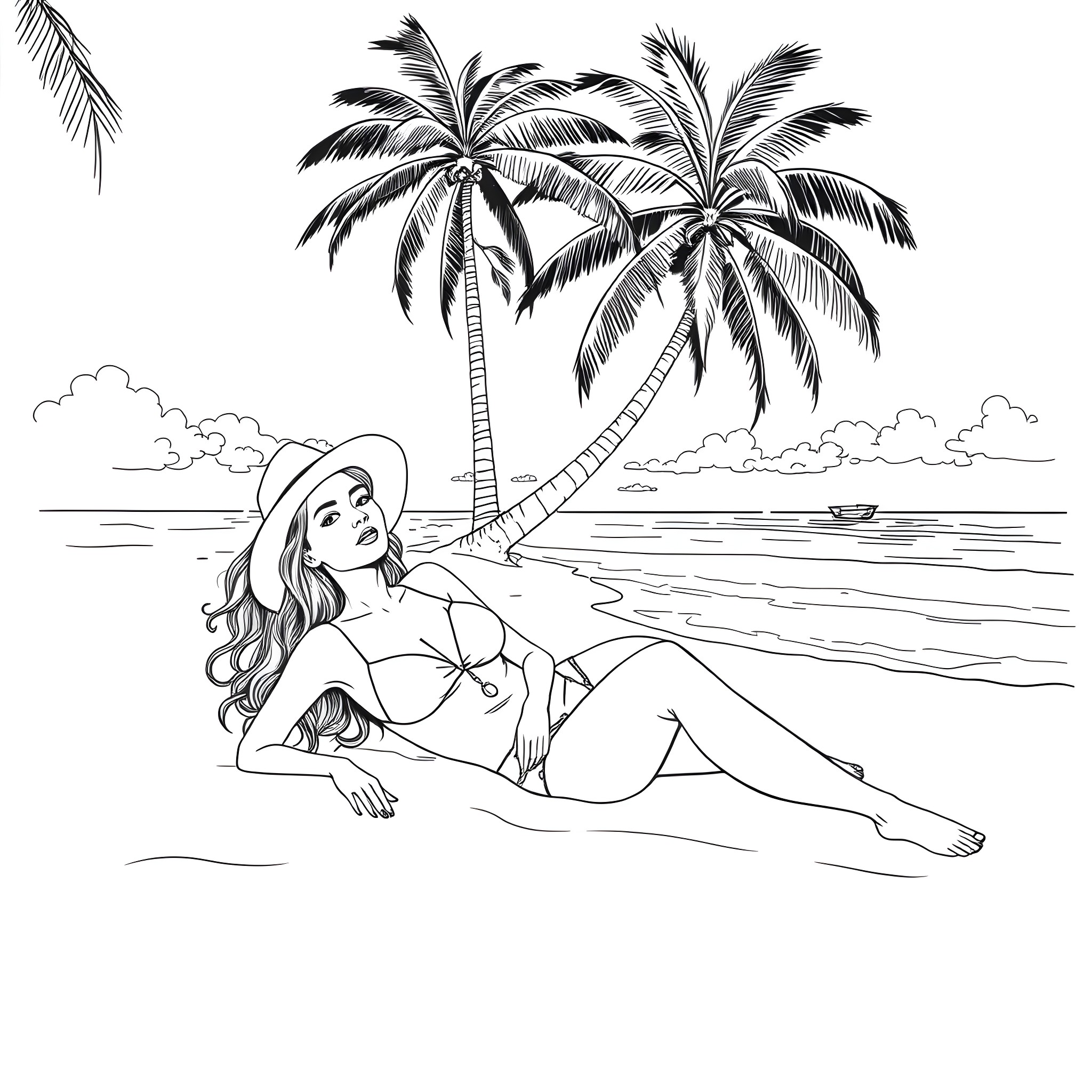 Ana de Armas relaxing on a tropical beach Coloring Page (free black-and-white line drawing printable PDF for all, from beginners to advanced learners, including children, teens, adults, and seniors)