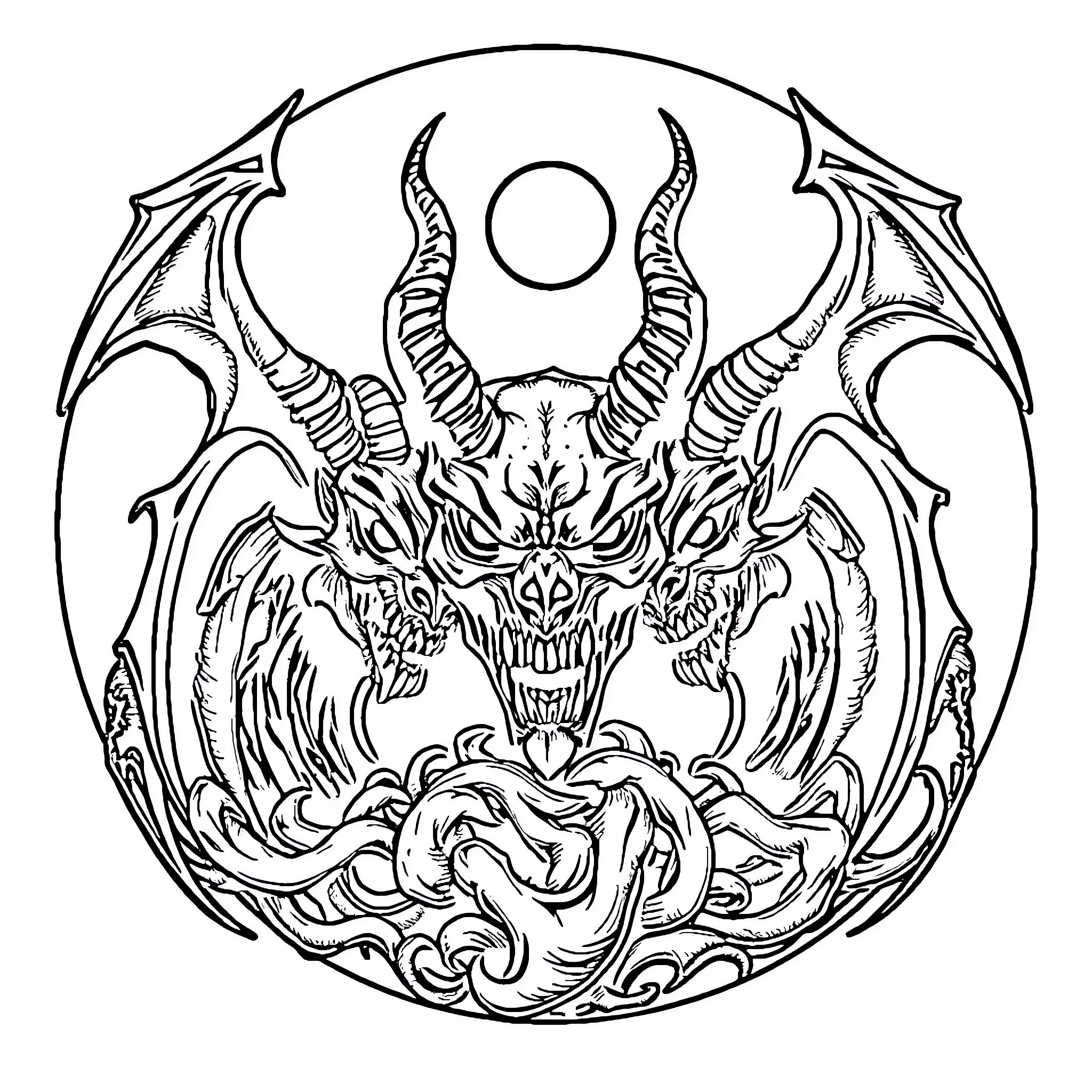 Demon with Elaborate Horns and Menacing Expression Coloring Page (free black-and-white line drawing printable PDF for all, from beginners to advanced learners, including children, teens, adults, and seniors)