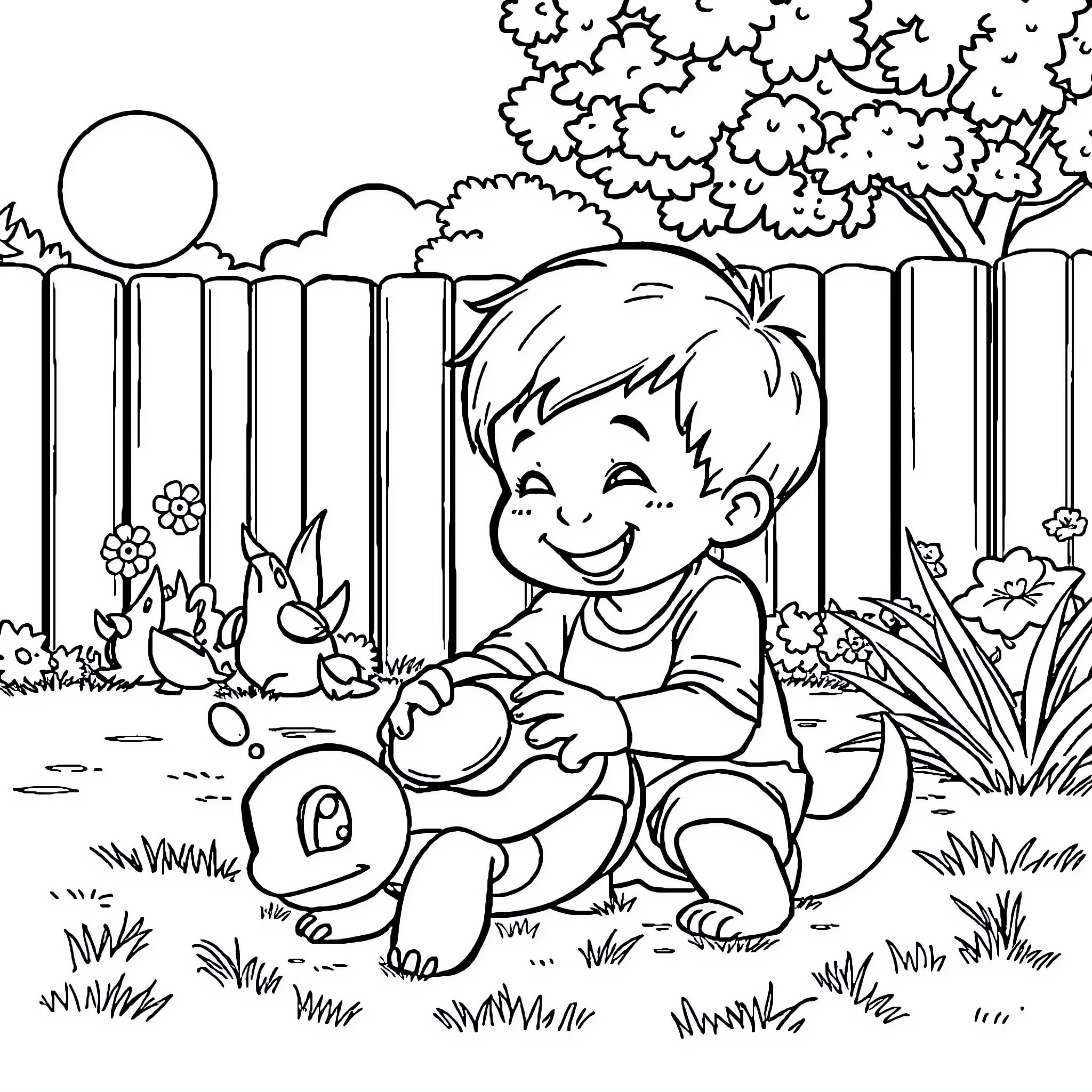 Child playing happily with pet in nature Coloring Page (free black-and-white line drawing printable PDF for all, from beginners to advanced learners, including children, teens, adults, and seniors)