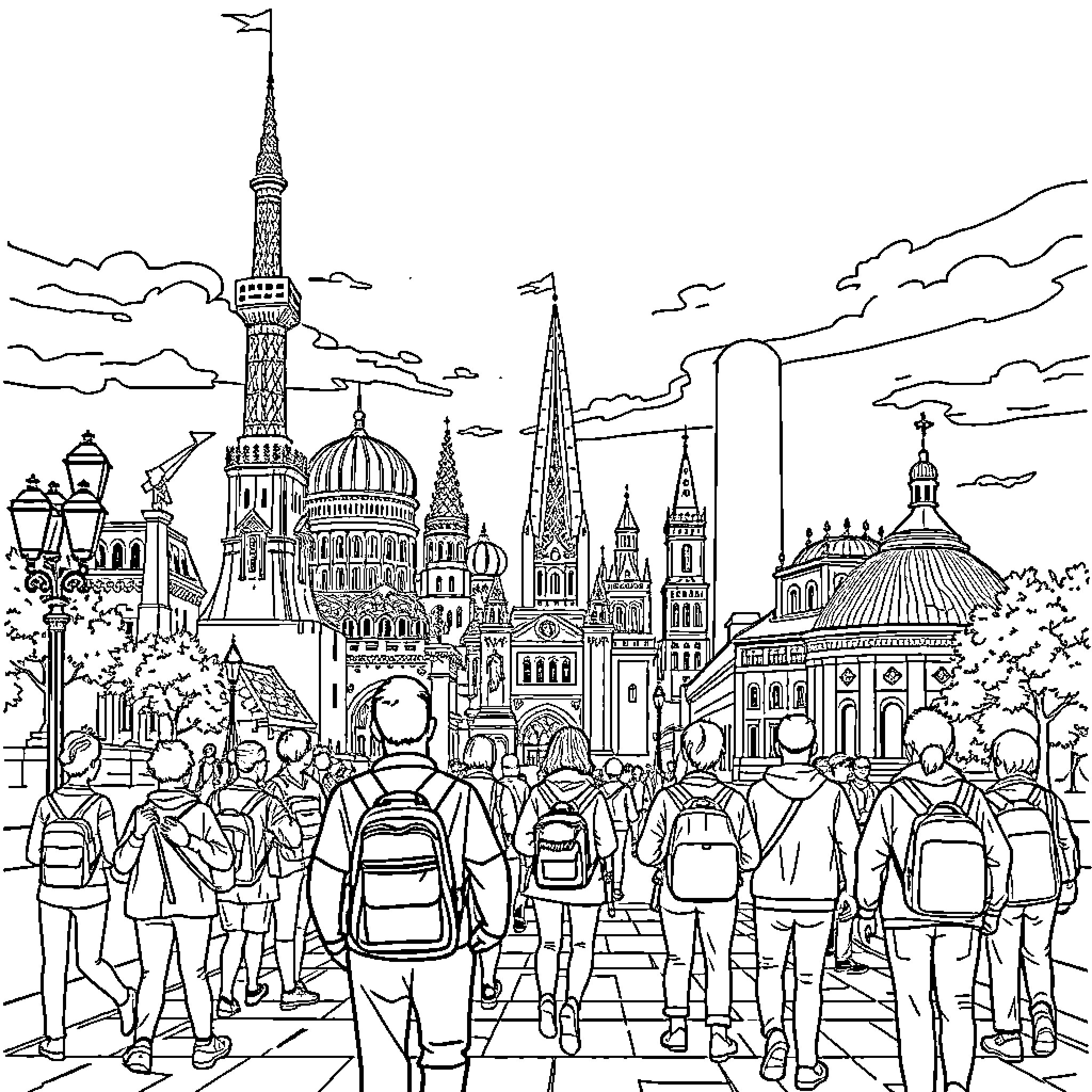 Tourism in an iconic city with diverse architectural landmarks Coloring Page (free black-and-white line drawing printable PDF for all, from beginners to advanced learners, including children, teens, adults, and seniors)