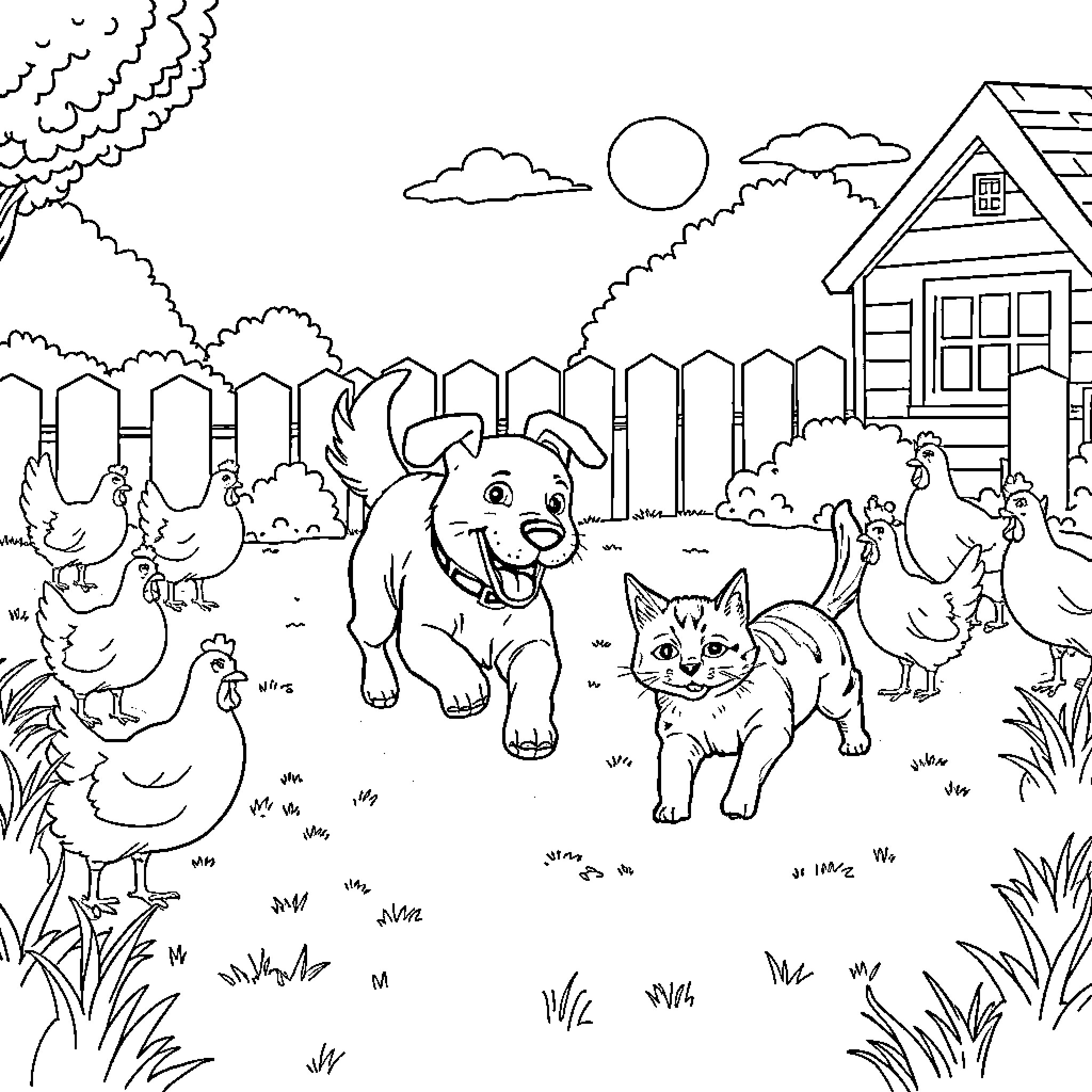 Dog and friends enjoying a day at the farm Coloring Page (free black-and-white line drawing printable PDF for all, from beginners to advanced learners, including children, teens, adults, and seniors)