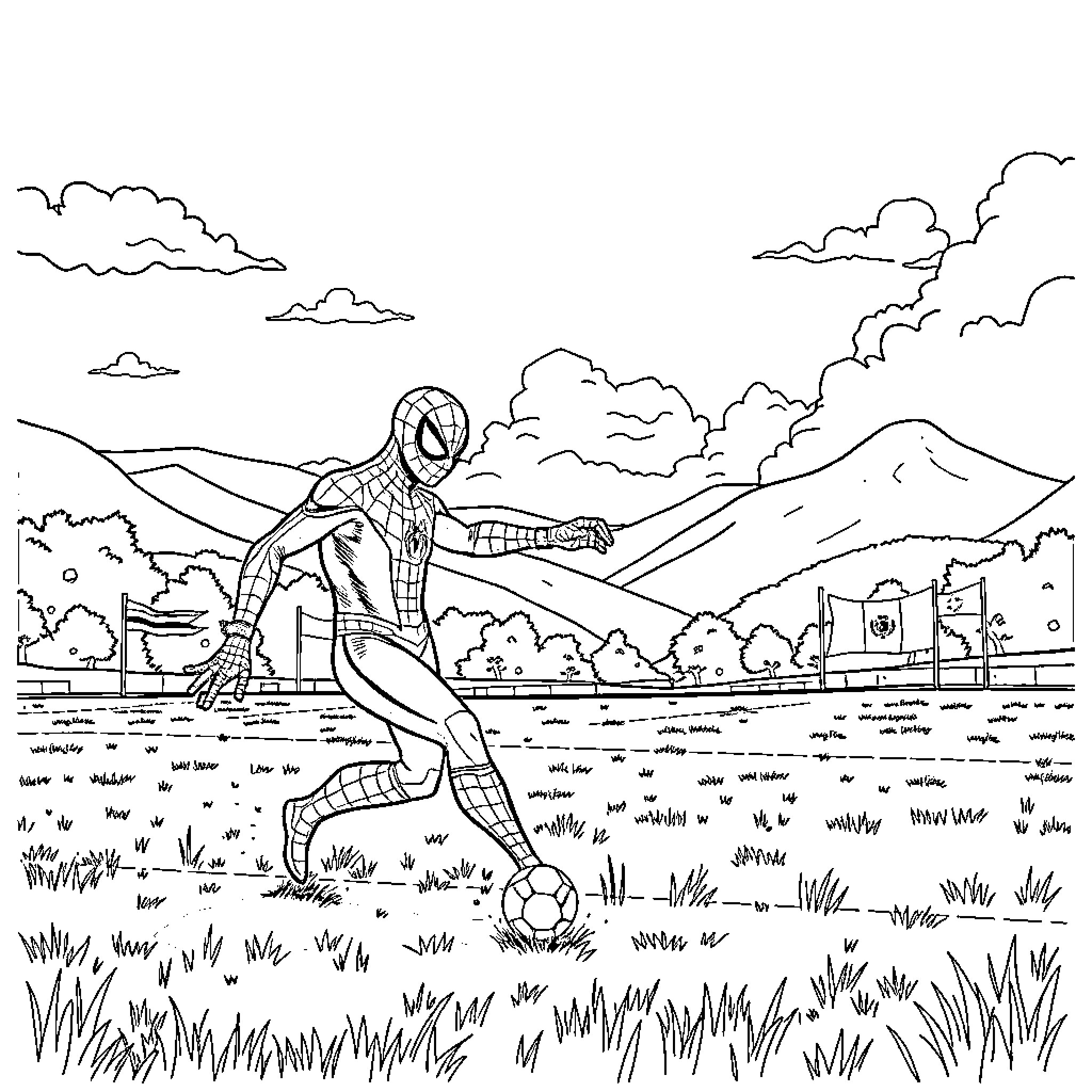 Spiderman playing with a soccer ball in a scenic landscape Coloring Page (free black-and-white line drawing printable PDF for all, from beginners to advanced learners, including children, teens, adults, and seniors)