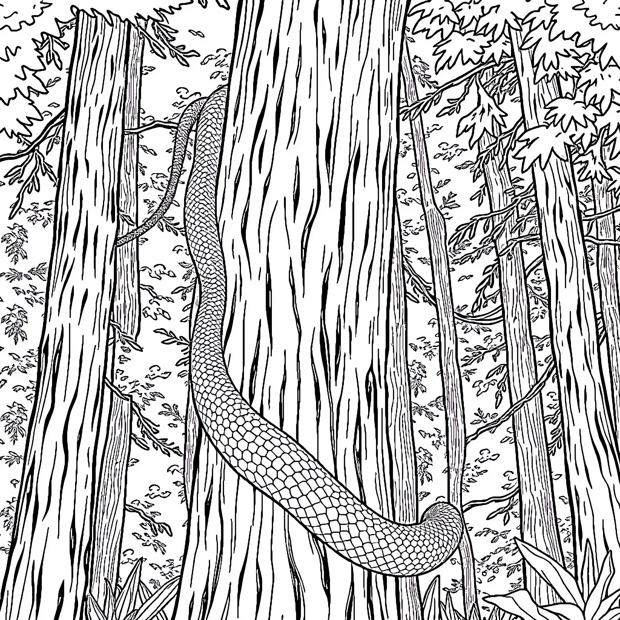 King Snake Slithering Through Woodland Coloring Page (free black-and-white line drawing printable PDF for all, from beginners to advanced learners, including children, teens, adults, and seniors)
