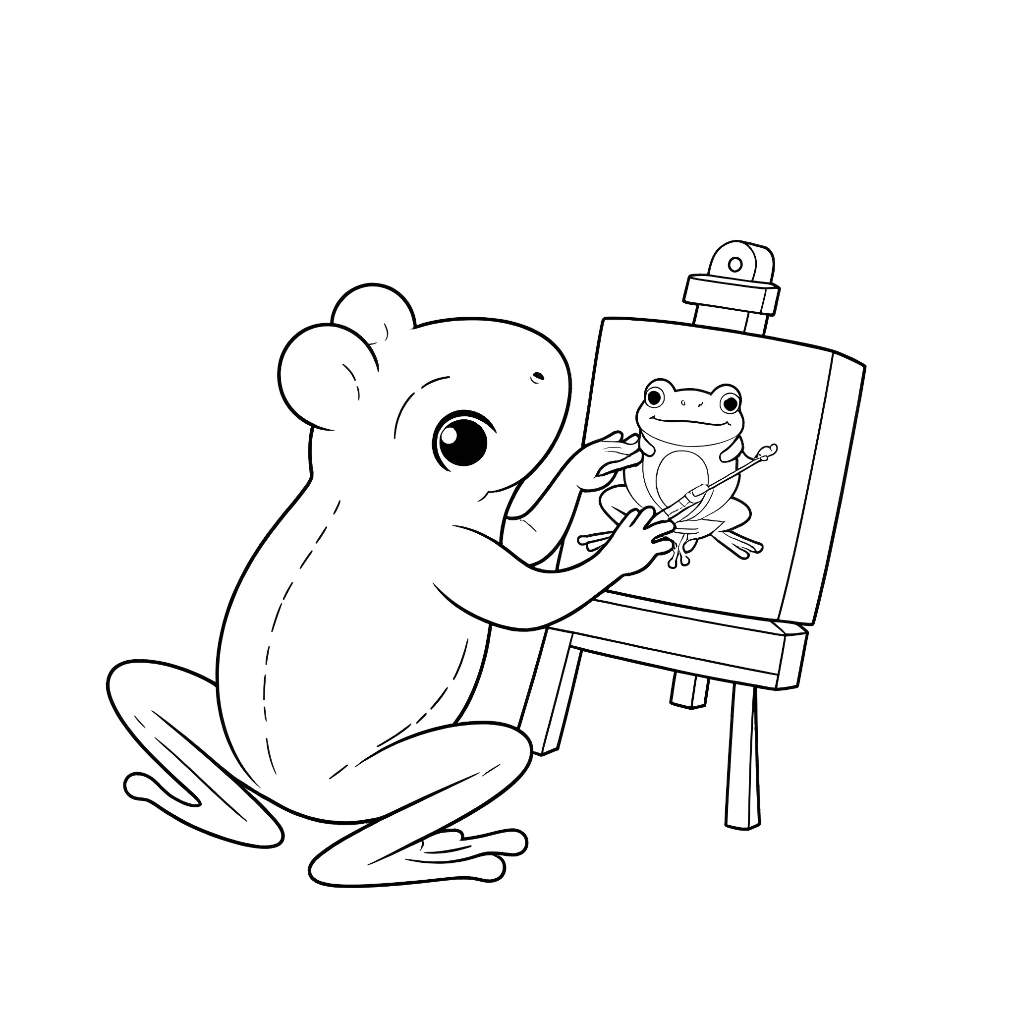 Frog painting an image of a frog on an easel Coloring Page (free black-and-white line drawing printable PDF for all, from beginners to advanced learners, including children, teens, adults, and seniors)