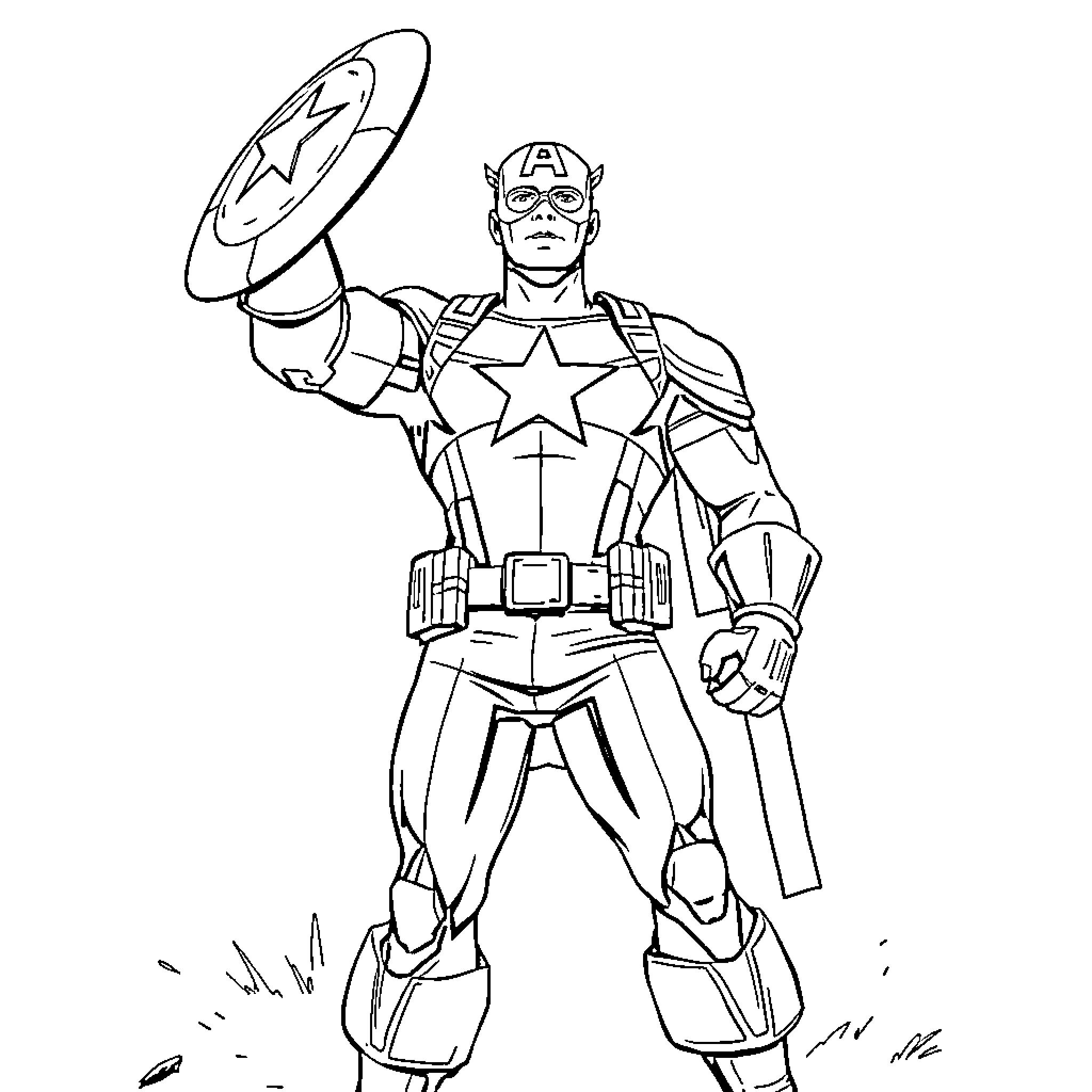 Captain America Heroically Holding His Iconic Shield Coloring Page (free black-and-white line drawing printable PDF for all, from beginners to advanced learners, including children, teens, adults, and seniors)
