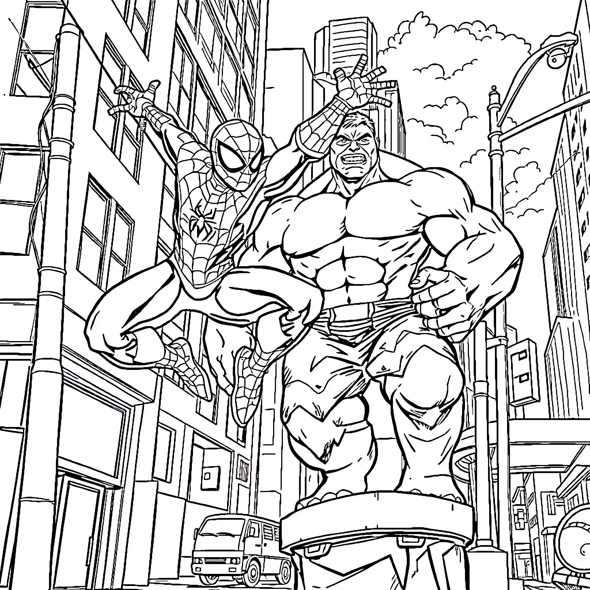 Spider-Man and Hulk battling in the city Coloring Page (free black-and-white line drawing printable PDF for all, from beginners to advanced learners, including children, teens, adults, and seniors)