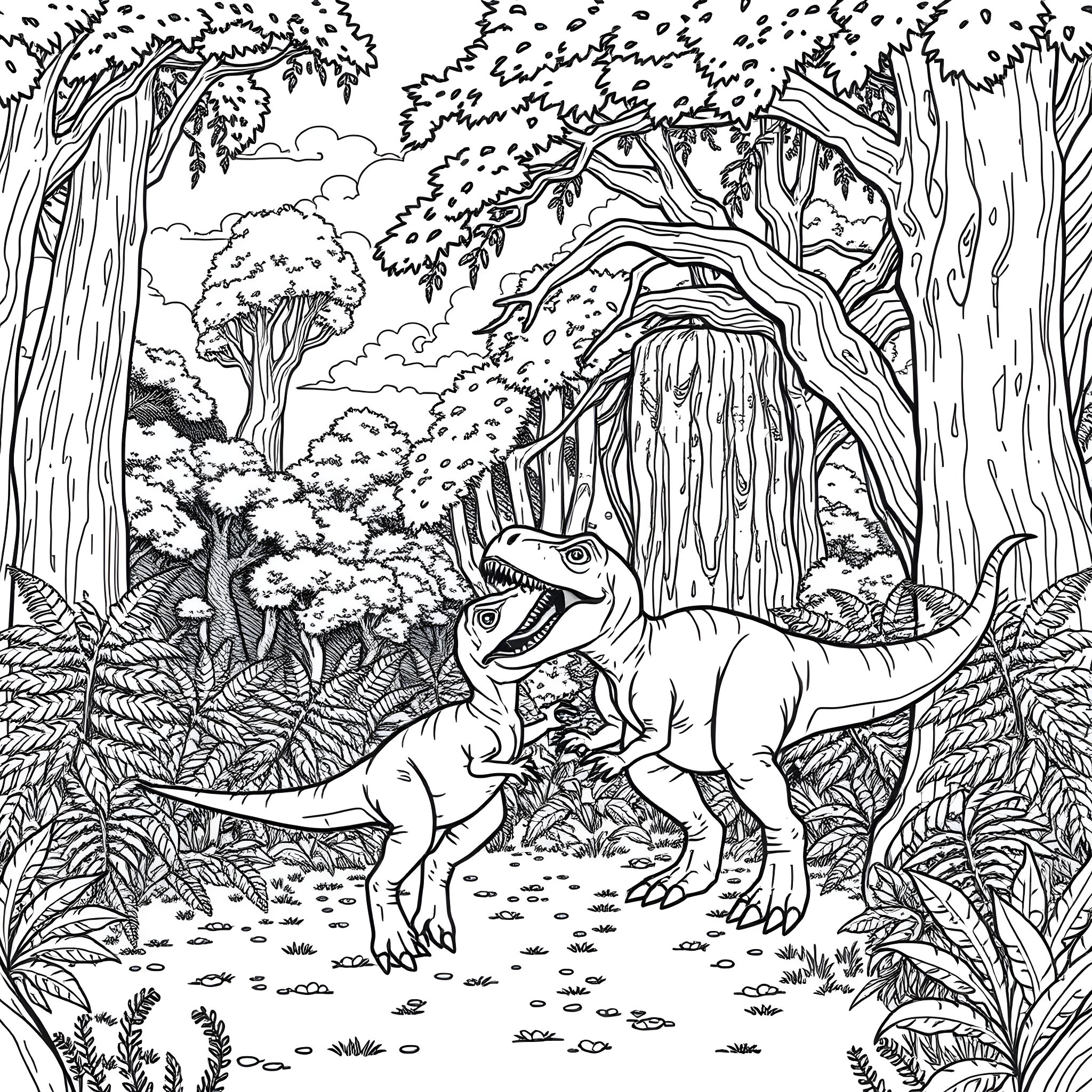 T-Rex exploring mysterious prehistoric forest Coloring Page (free black-and-white line drawing printable PDF for all, from beginners to advanced learners, including children, teens, adults, and seniors)