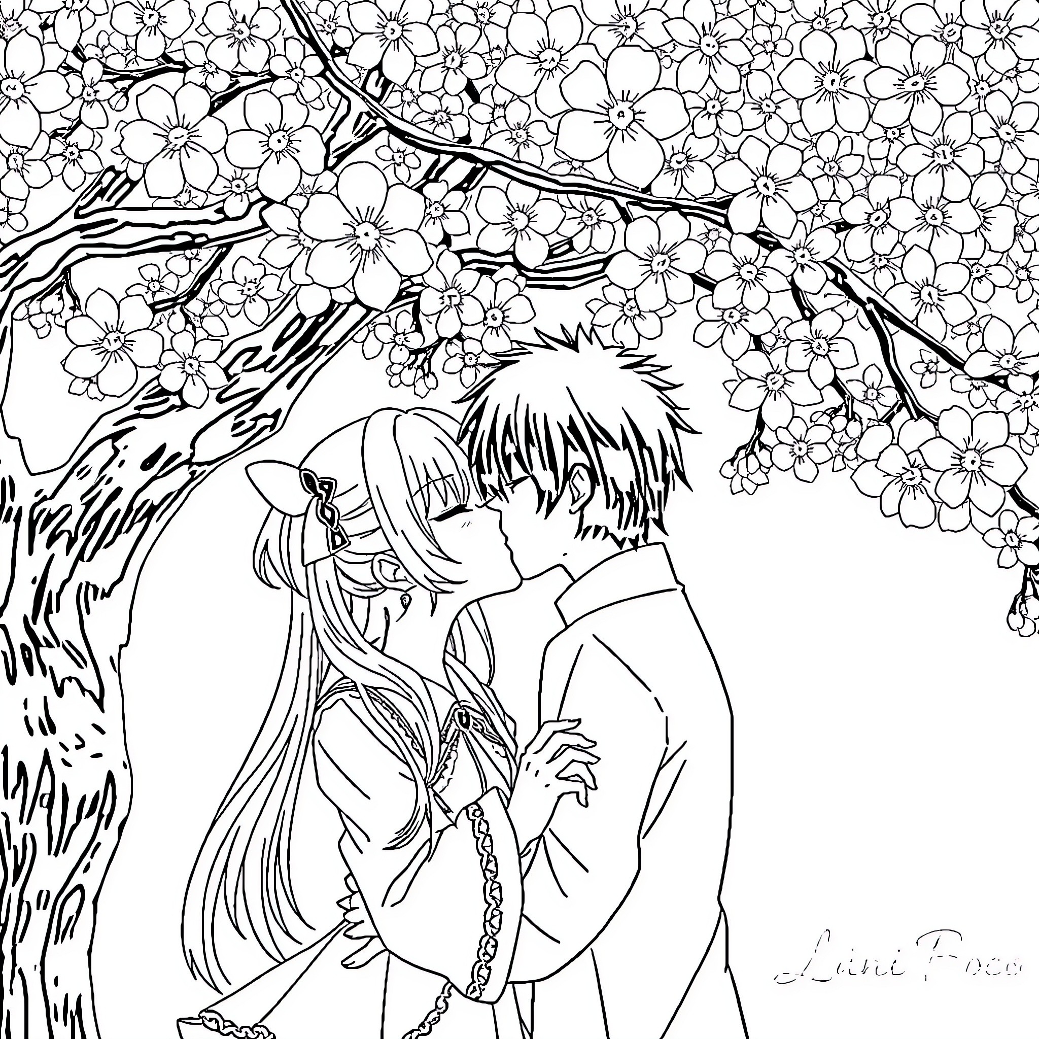 Miku and her lover under the cherry blossom tree Coloring Page (free black-and-white line drawing printable PDF for all, from beginners to advanced learners, including children, teens, adults, and seniors)