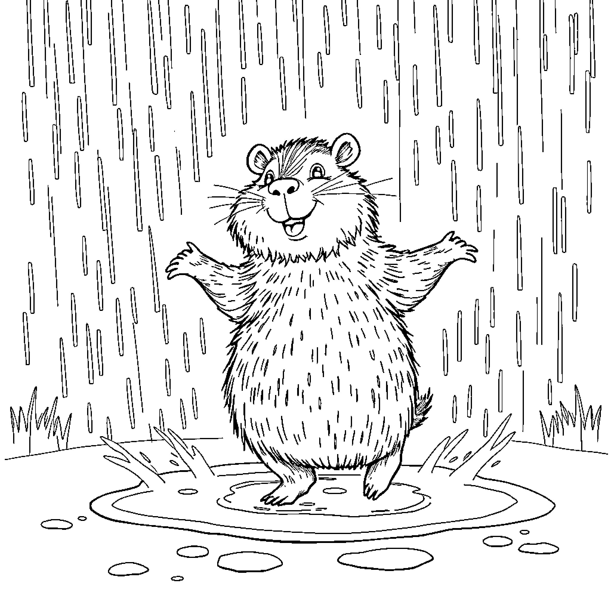 Capybara enjoying the rain Coloring Page (free black-and-white line drawing printable PDF for all, from beginners to advanced learners, including children, teens, adults, and seniors)