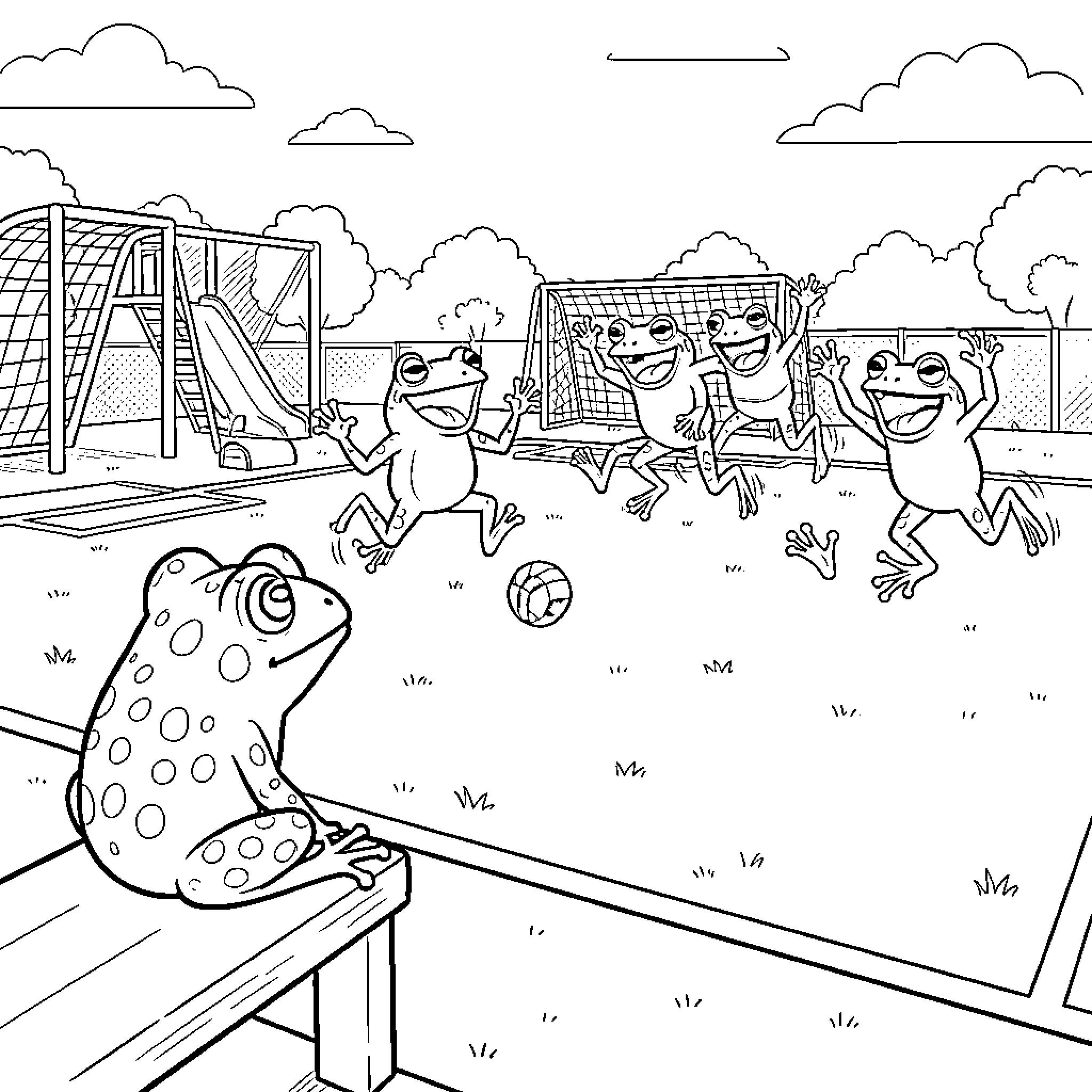 Frogs playing joyfully on the playground Coloring Page (free black-and-white line drawing printable PDF for all, from beginners to advanced learners, including children, teens, adults, and seniors)