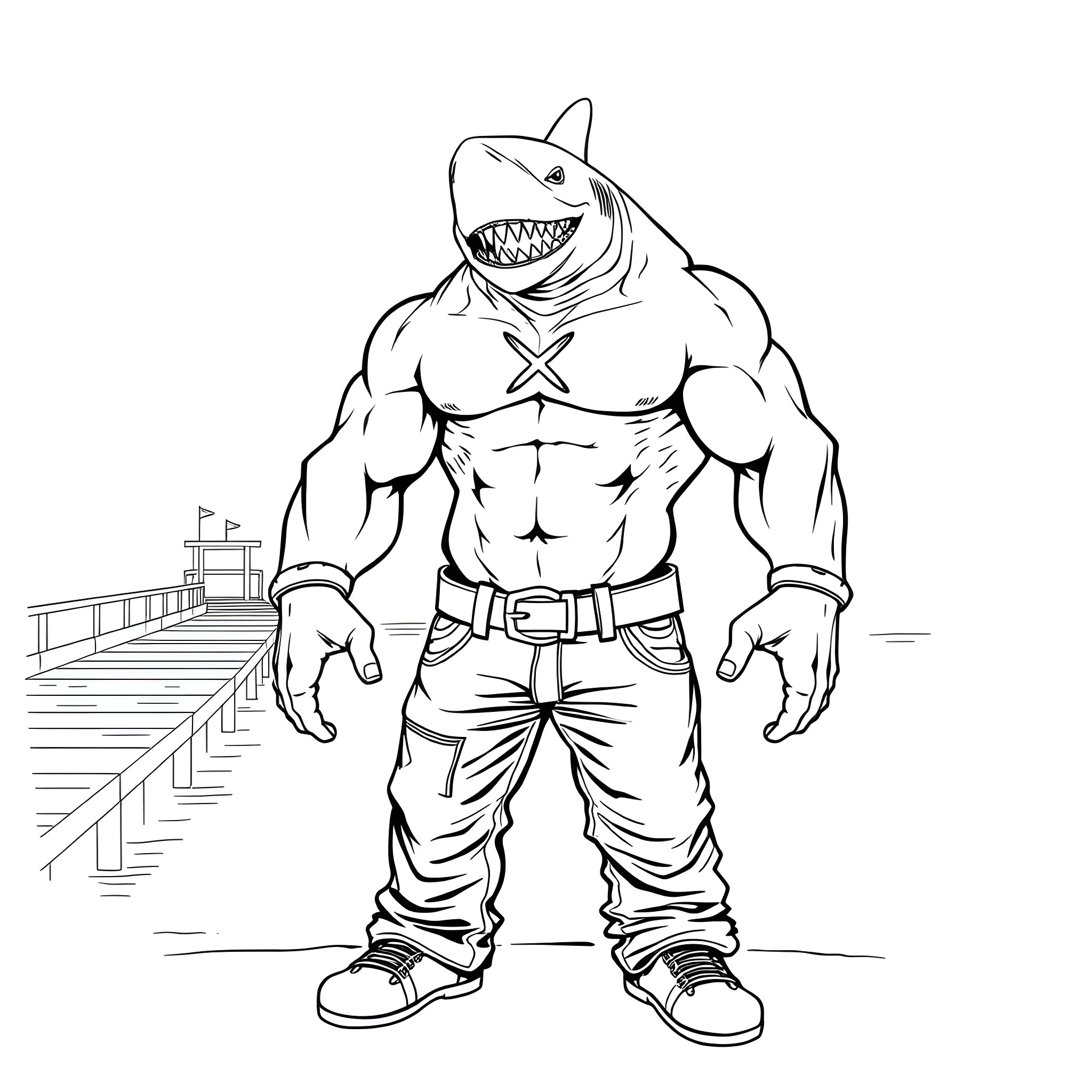 Shark-themed muscular character standing on a dock Coloring Page (free black-and-white line drawing printable PDF for all, from beginners to advanced learners, including children, teens, adults, and seniors)
