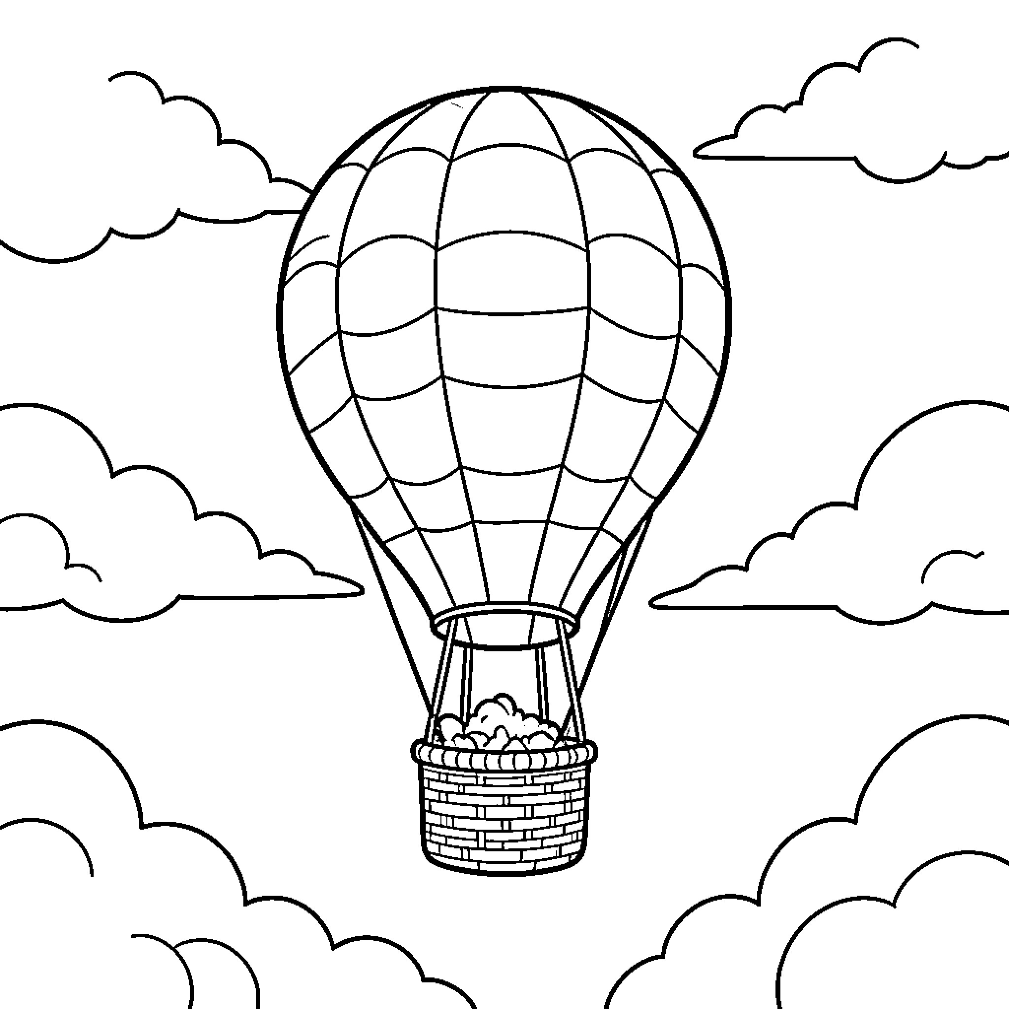Hot Air Balloon Floating in Cloudy Sky Coloring Page (free black-and-white line drawing printable PDF for all, from beginners to advanced learners, including children, teens, adults, and seniors)