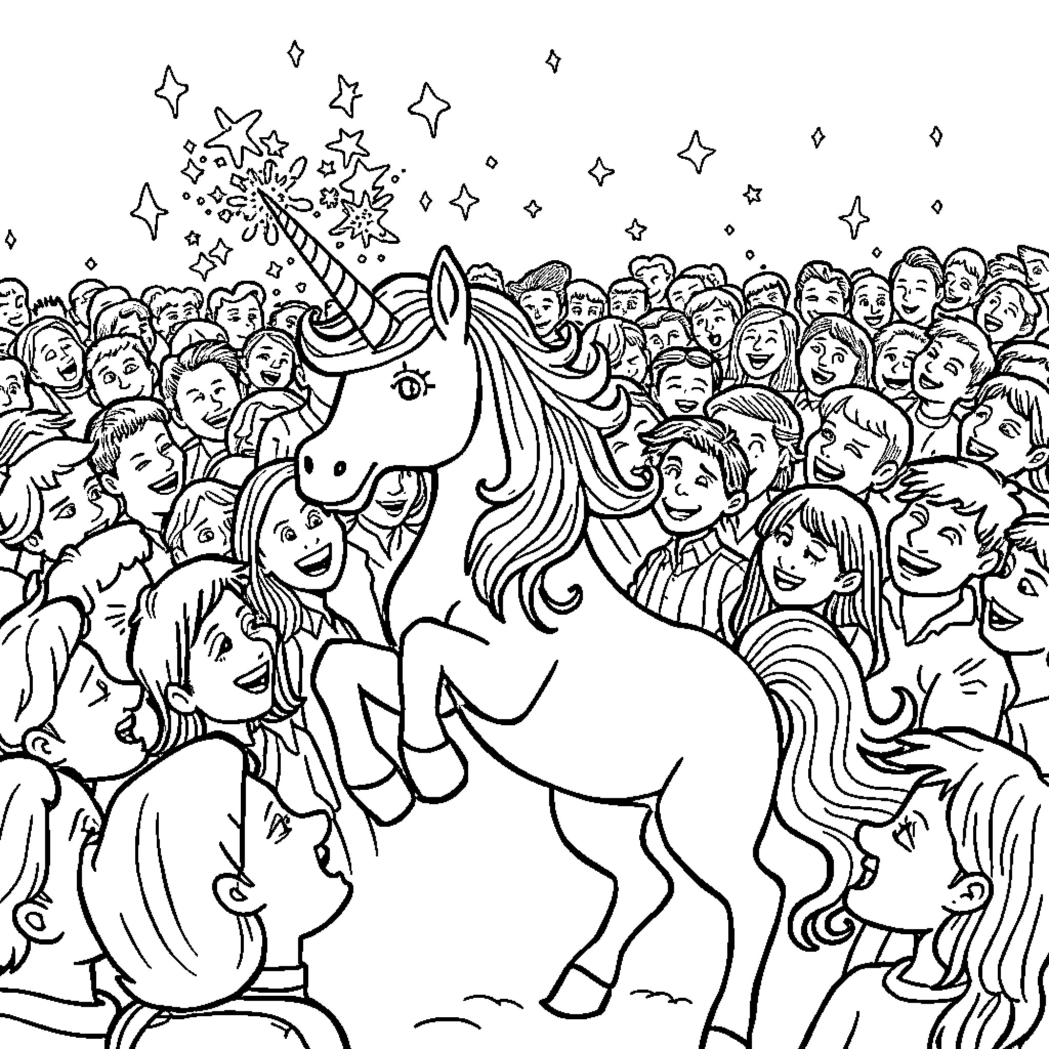 Unicorn captivating a joyful crowd Coloring Page (free black-and-white line drawing printable PDF for all, from beginners to advanced learners, including children, teens, adults, and seniors)