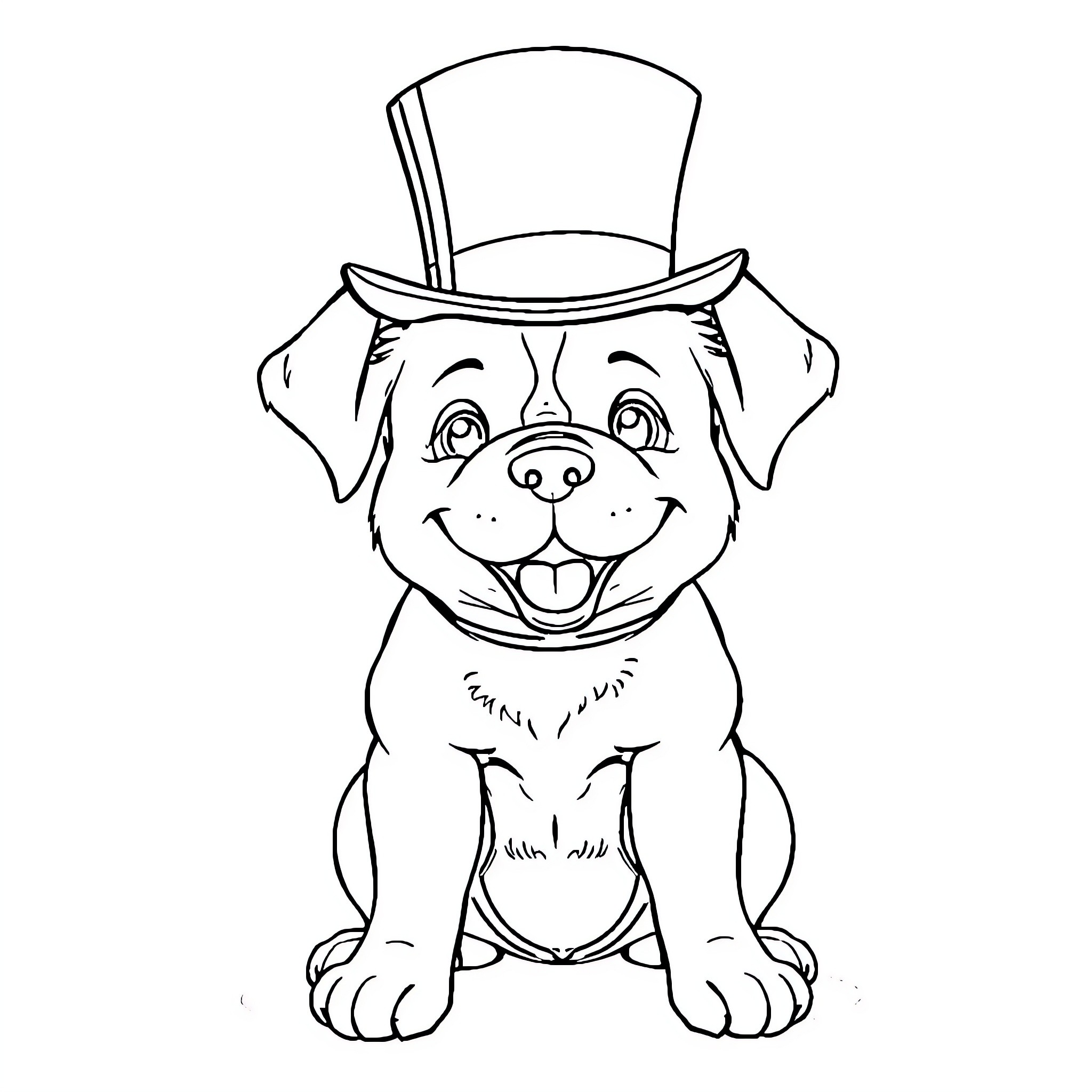 Dog wearing a top hat and smiling Coloring Page (free black-and-white line drawing printable PDF for all, from beginners to advanced learners, including children, teens, adults, and seniors)