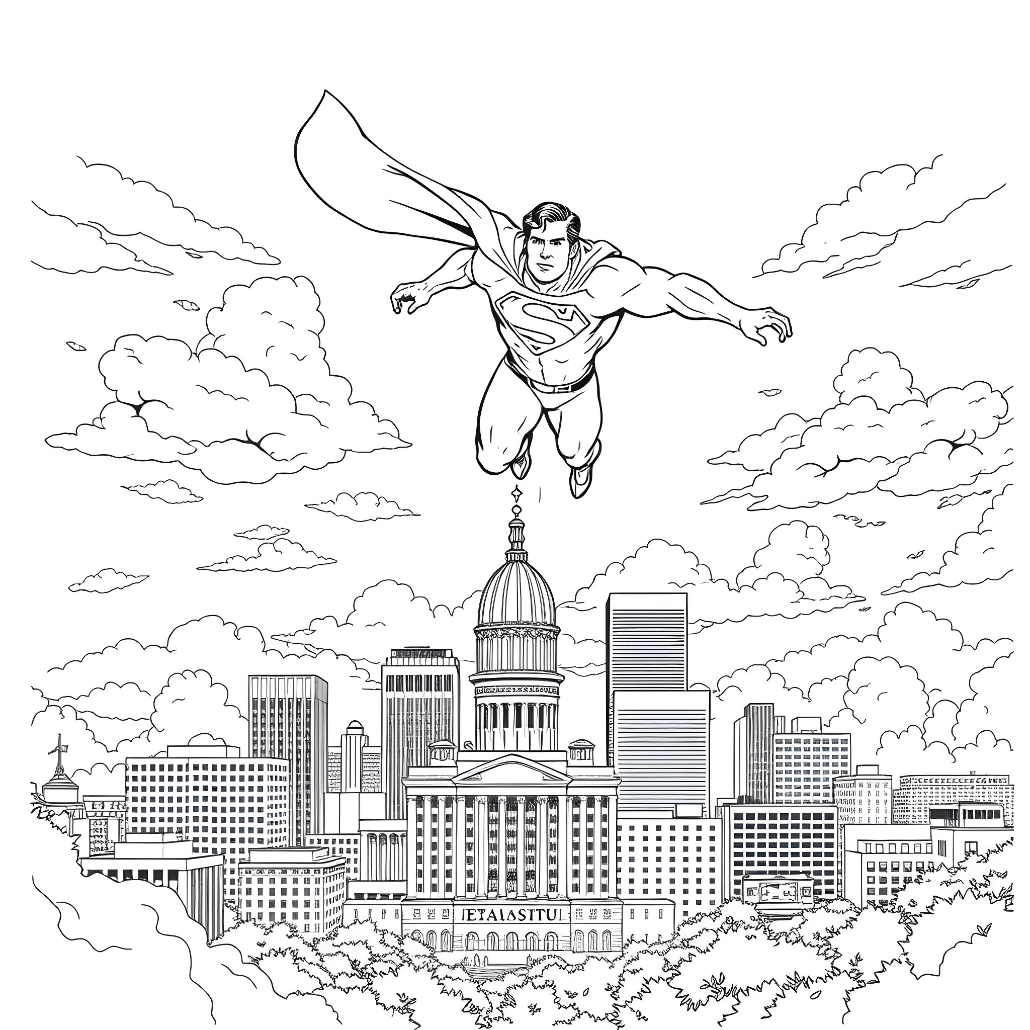 Superman soaring over the city skyline Coloring Page (free black-and-white line drawing printable PDF for all, from beginners to advanced learners, including children, teens, adults, and seniors)