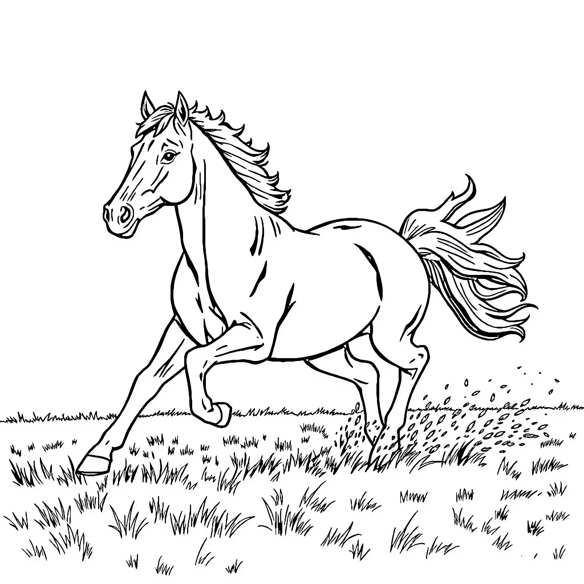 Horse galloping through grassy field Coloring Page (free black-and-white line drawing printable PDF for all, from beginners to advanced learners, including children, teens, adults, and seniors)