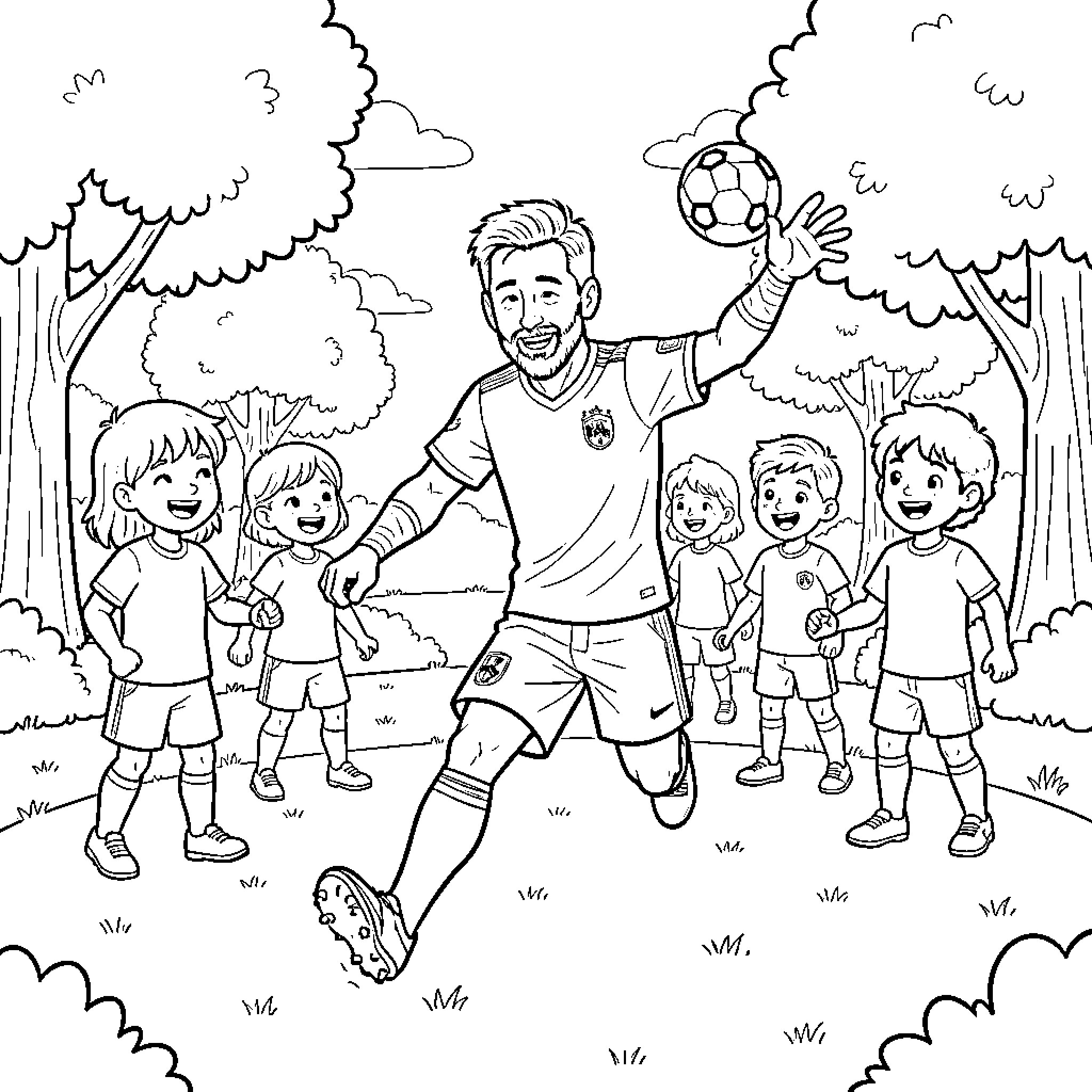 Messi playing soccer with children in the park Coloring Page (free black-and-white line drawing printable PDF for all, from beginners to advanced learners, including children, teens, adults, and seniors)