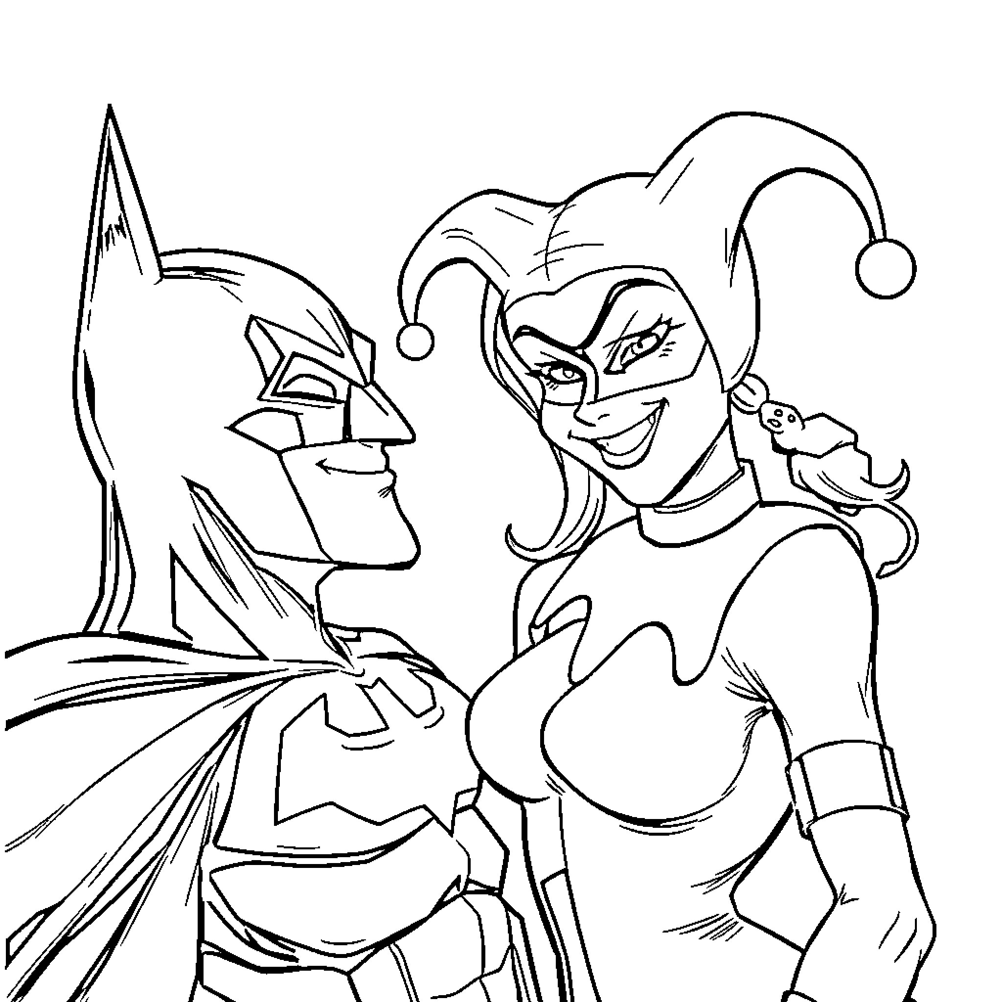 Harley Quinn in a playful encounter Coloring Page (free black-and-white line drawing printable PDF for all, from beginners to advanced learners, including children, teens, adults, and seniors)
