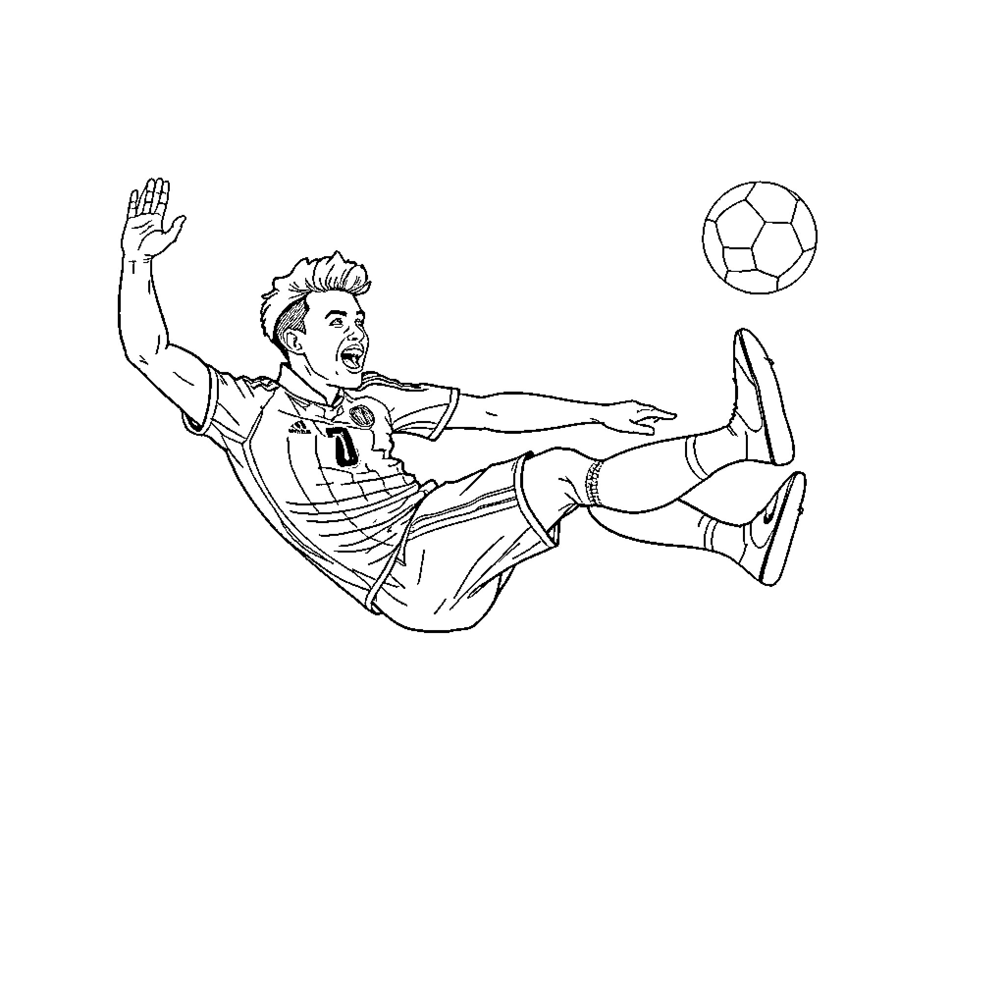 Andrés Iniesta mid-air soccer player in action Coloring Page (free black-and-white line drawing printable PDF for all, from beginners to advanced learners, including children, teens, adults, and seniors)
