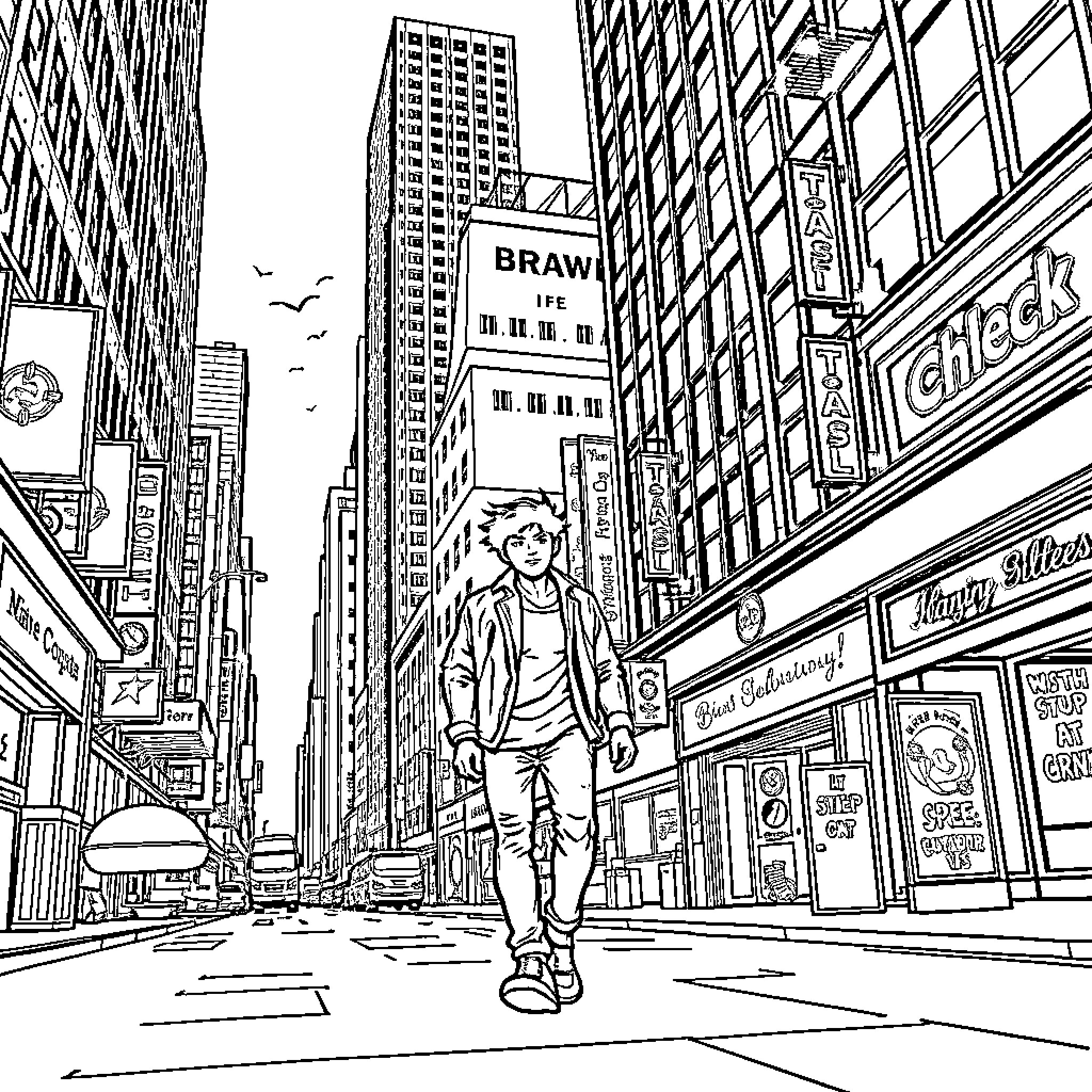 Miles Morales exploring the bustling city streets Coloring Page (free black-and-white line drawing printable PDF for all, from beginners to advanced learners, including children, teens, adults, and seniors)