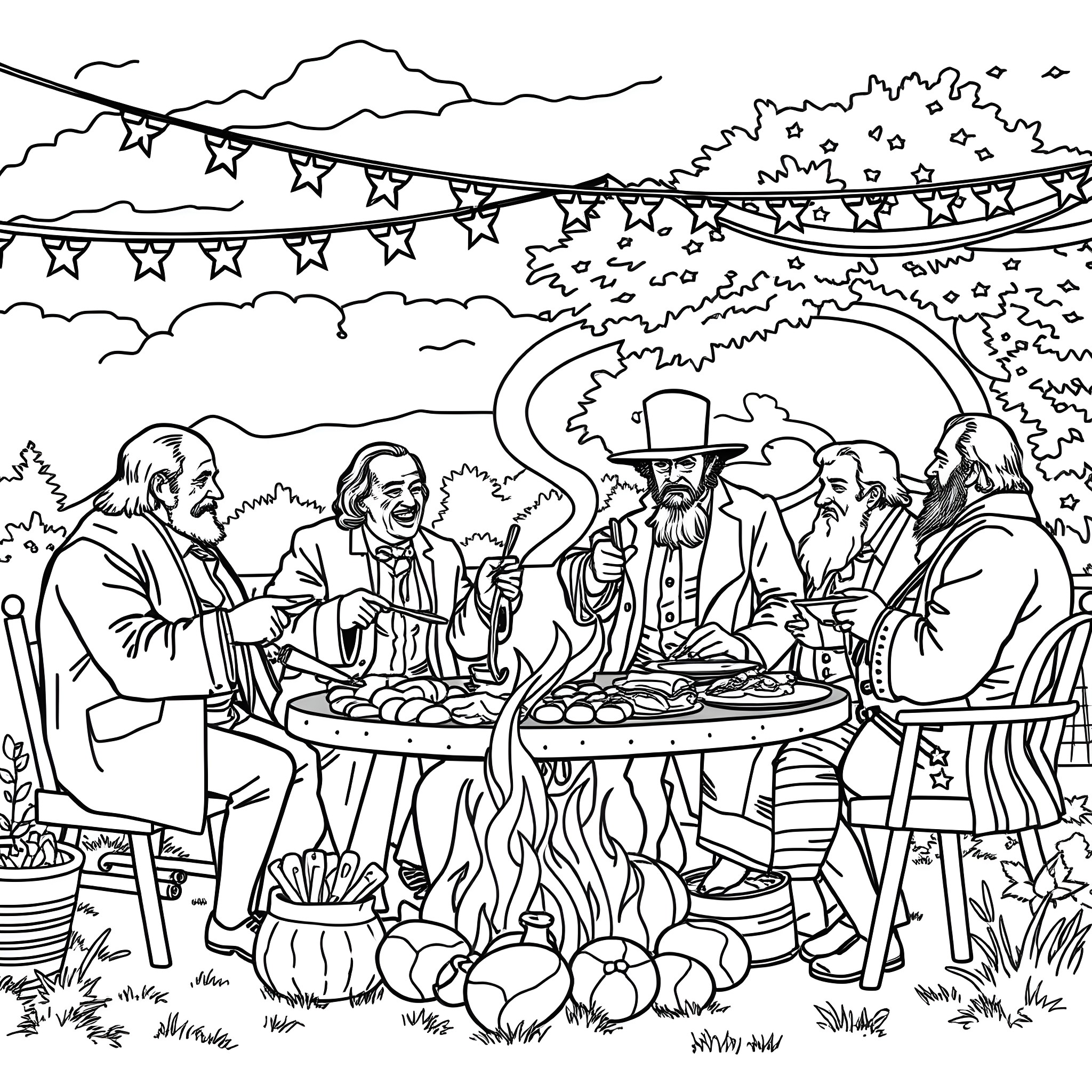 Founding Fathers Gathering Around Campfire Coloring Page (free black-and-white line drawing printable PDF for all, from beginners to advanced learners, including children, teens, adults, and seniors)