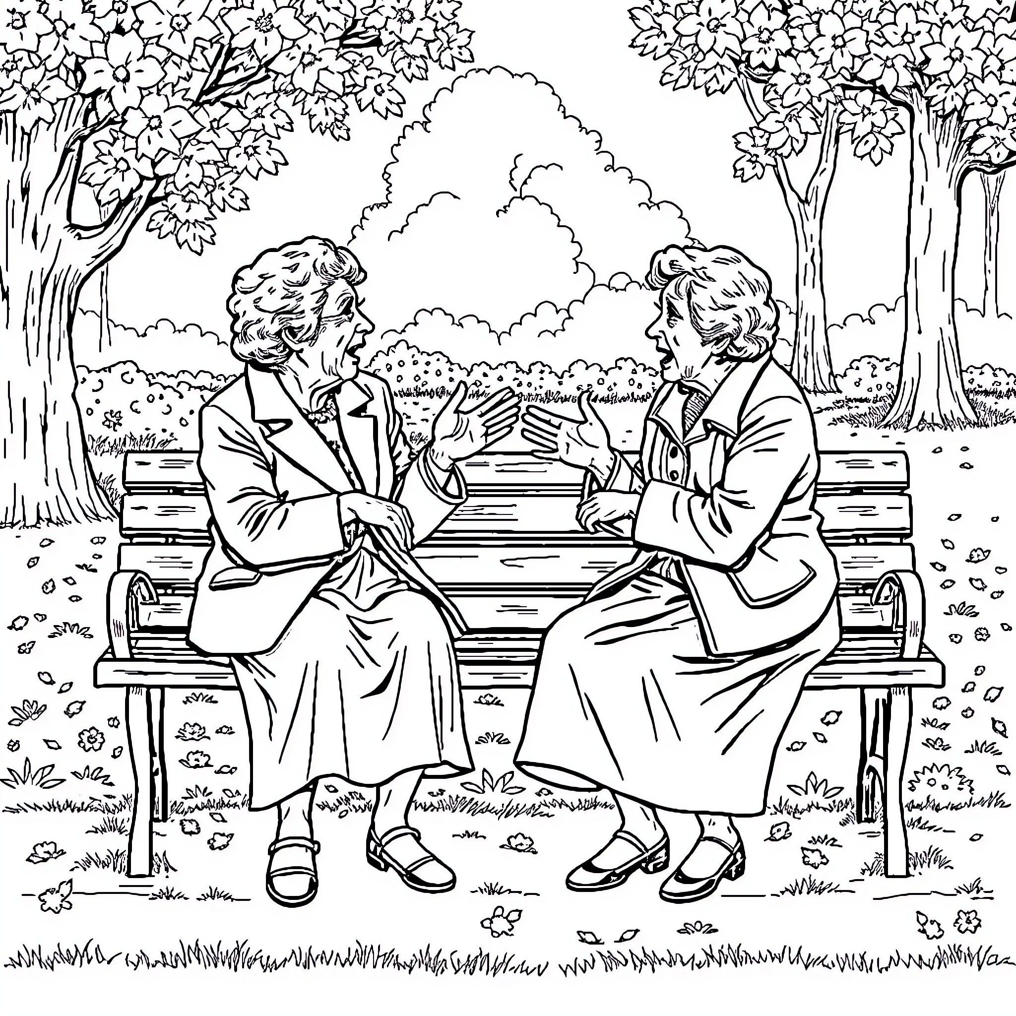 Lady friends chatting on a park bench Coloring Page (free black-and-white line drawing printable PDF for all, from beginners to advanced learners, including children, teens, adults, and seniors)