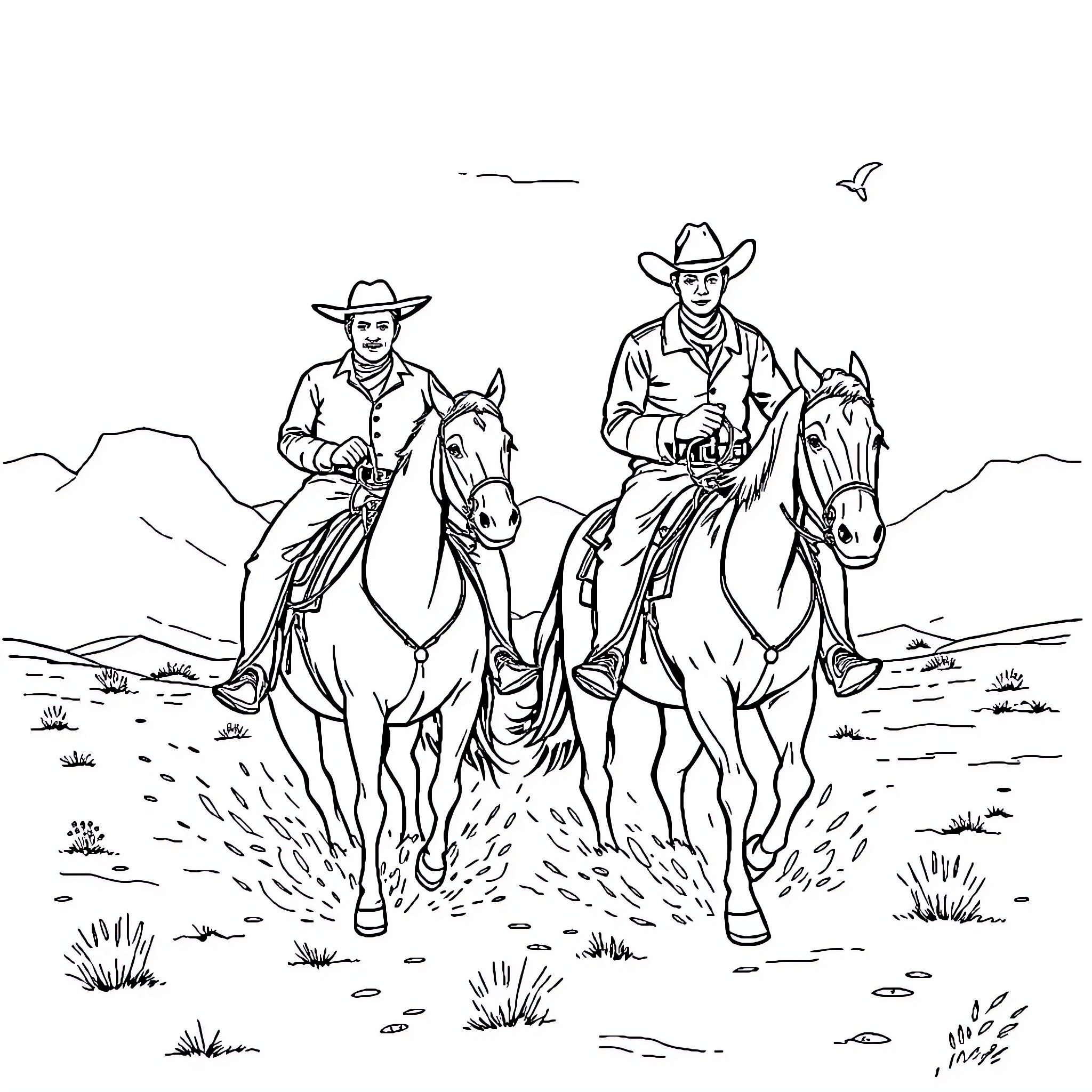 Cowboy Duo Riding Horses Through Desert Landscape Coloring Page (free black-and-white line drawing printable PDF for all, from beginners to advanced learners, including children, teens, adults, and seniors)