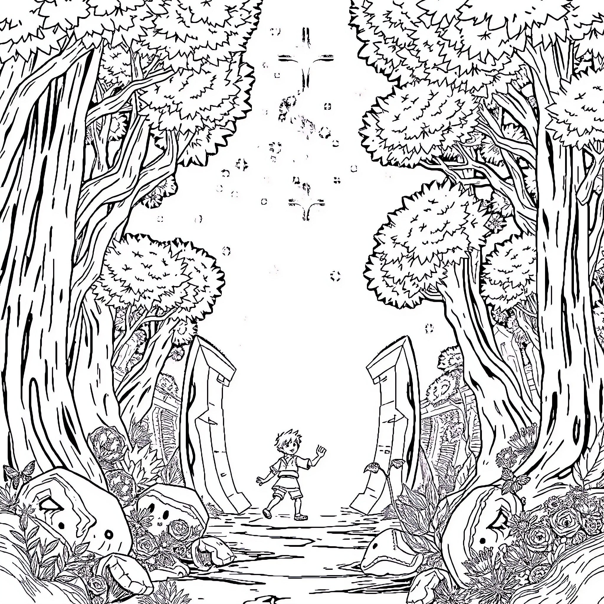 Lumi's Journey Through the Enchanted Forest Coloring Page (free black-and-white line drawing printable PDF for all, from beginners to advanced learners, including children, teens, adults, and seniors)