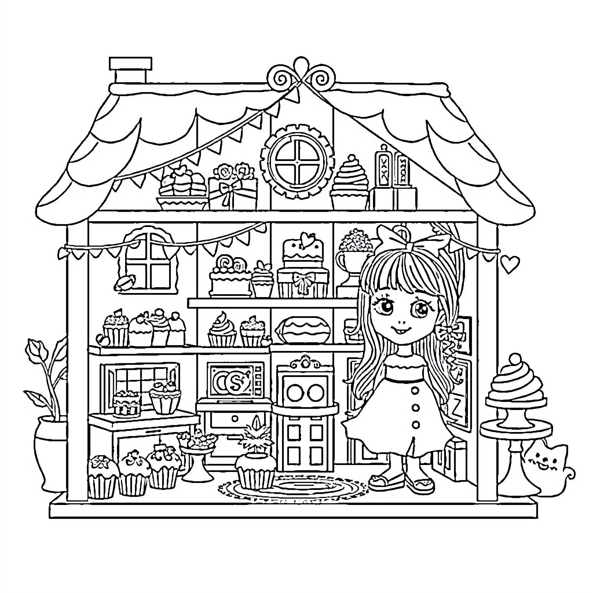 Gabby's Cozy Bakeshop Adventure Coloring Page (free black-and-white line drawing printable PDF for all, from beginners to advanced learners, including children, teens, adults, and seniors)