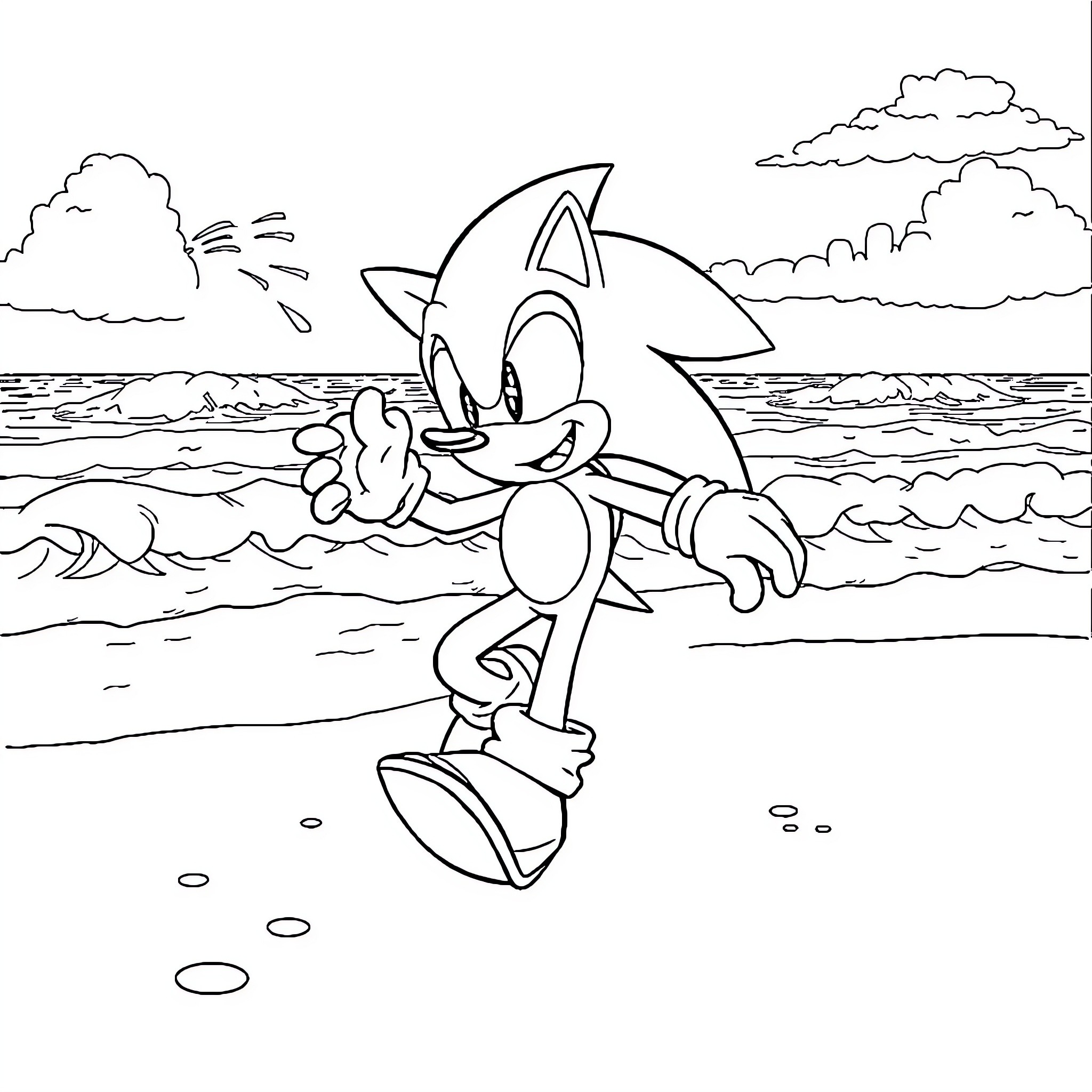 Sonic racing across the waves on the beach Coloring Page (free black-and-white line drawing printable PDF for all, from beginners to advanced learners, including children, teens, adults, and seniors)