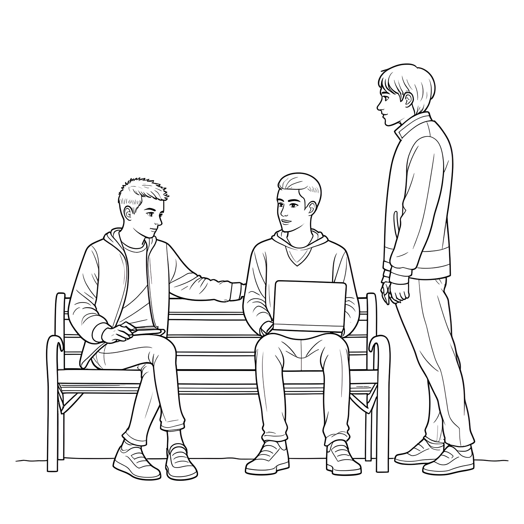 Linkin Park students studying together on bench Coloring Page (free black-and-white line drawing printable PDF for all, from beginners to advanced learners, including children, teens, adults, and seniors)