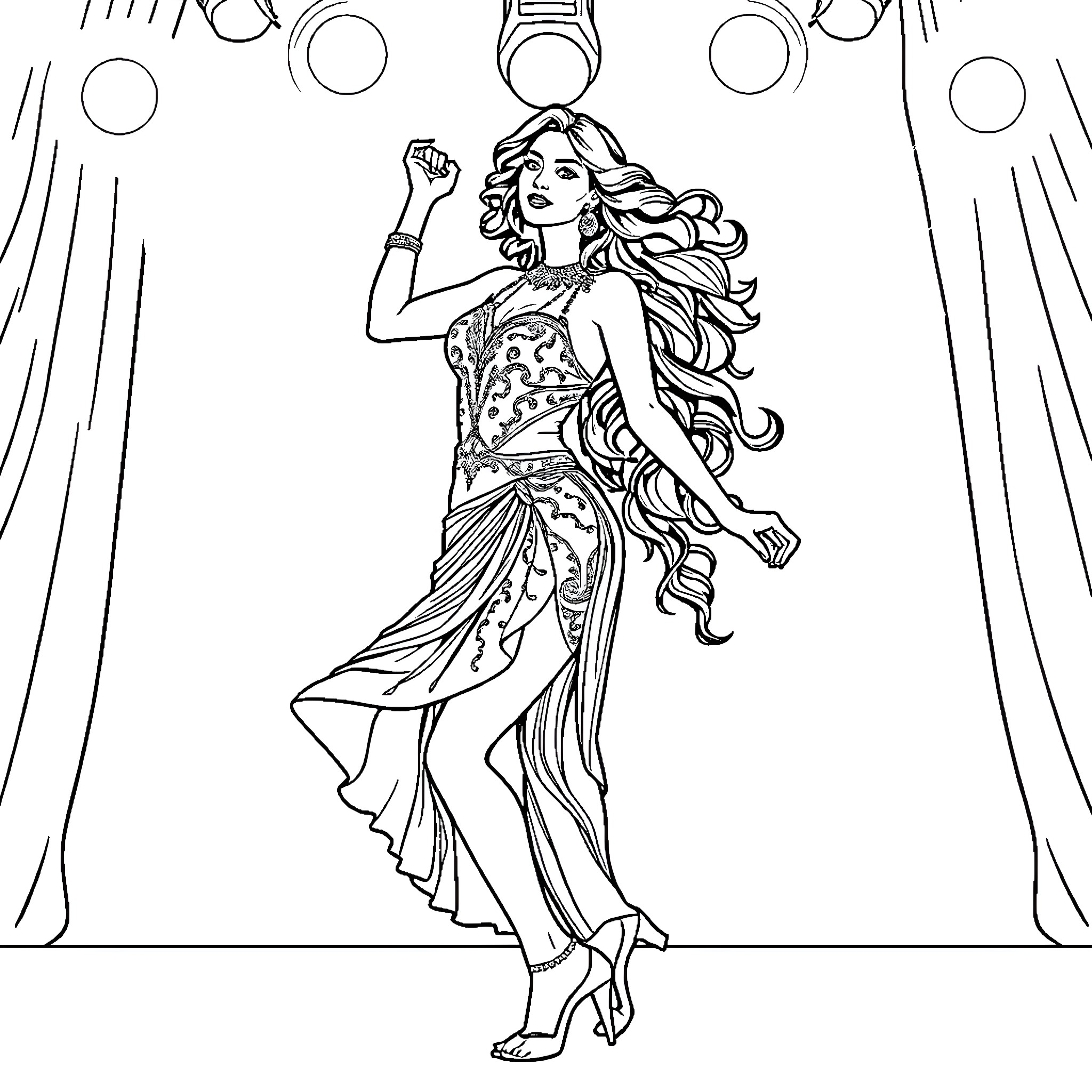 Nora Fatehi performing on stage in vibrant outfit Coloring Page (free black-and-white line drawing printable PDF for all, from beginners to advanced learners, including children, teens, adults, and seniors)