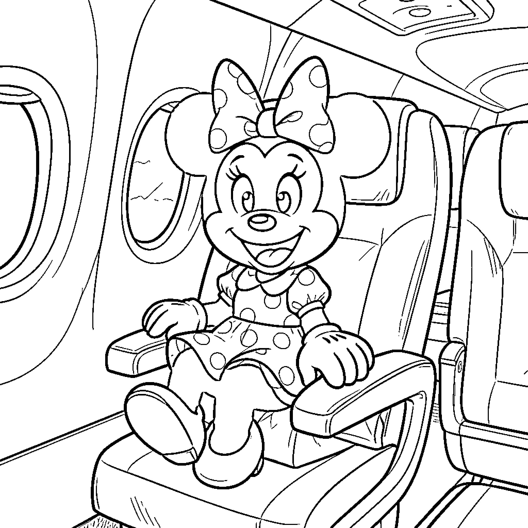 Minnie sitting happily in an airplane seat Coloring Page (free black-and-white line drawing printable PDF for all, from beginners to advanced learners, including children, teens, adults, and seniors)