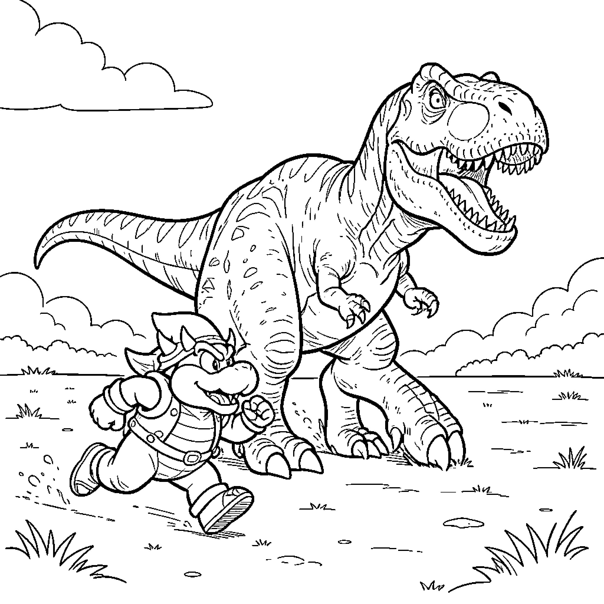 Bowser Jr running alongside a large Tyrannosaurus Rex Coloring Page (free black-and-white line drawing printable PDF for all, from beginners to advanced learners, including children, teens, adults, and seniors)