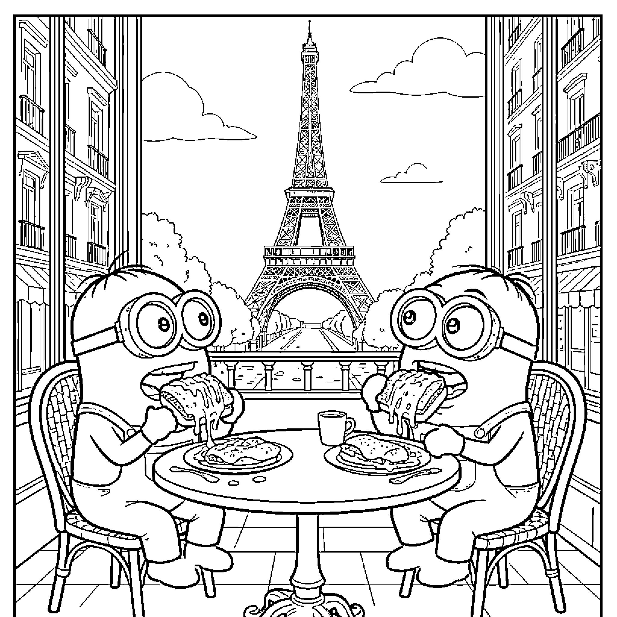 Minions enjoying a cafe meal in Paris Coloring Page (free black-and-white line drawing printable PDF for all, from beginners to advanced learners, including children, teens, adults, and seniors)