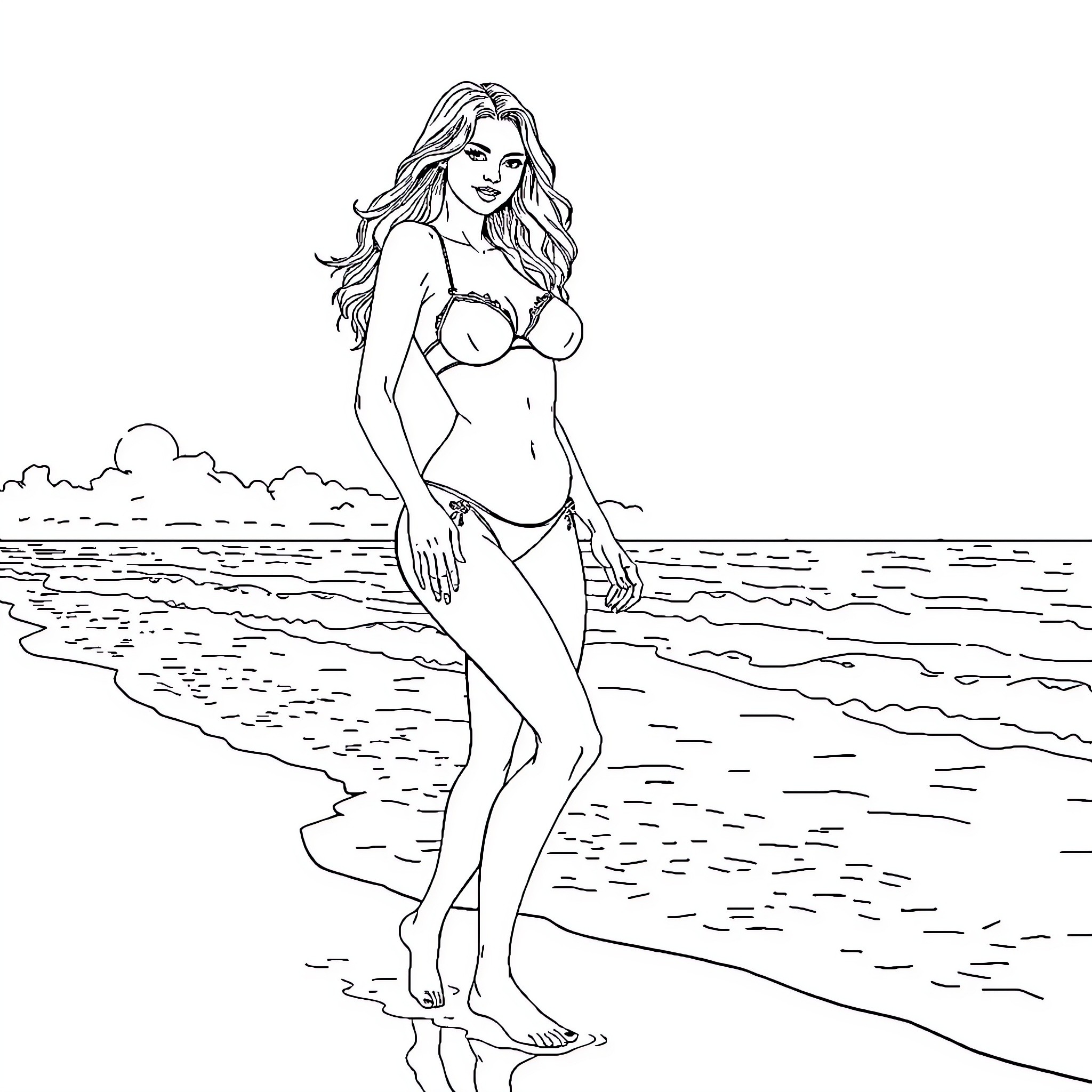 Woman posing by the beach in swimwear Coloring Page (free black-and-white line drawing printable PDF for all, from beginners to advanced learners, including children, teens, adults, and seniors)