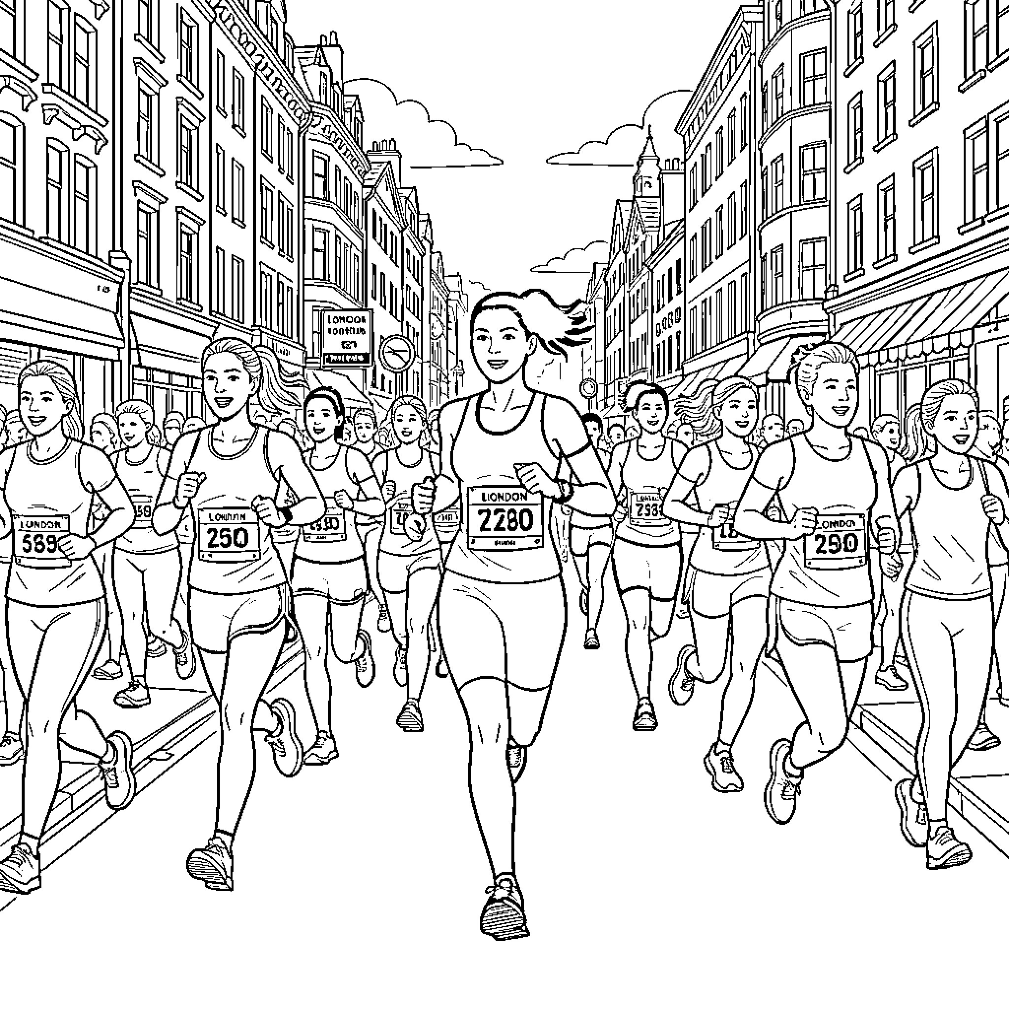 Women running in city marathon event Coloring Page (free black-and-white line drawing printable PDF for all, from beginners to advanced learners, including children, teens, adults, and seniors)