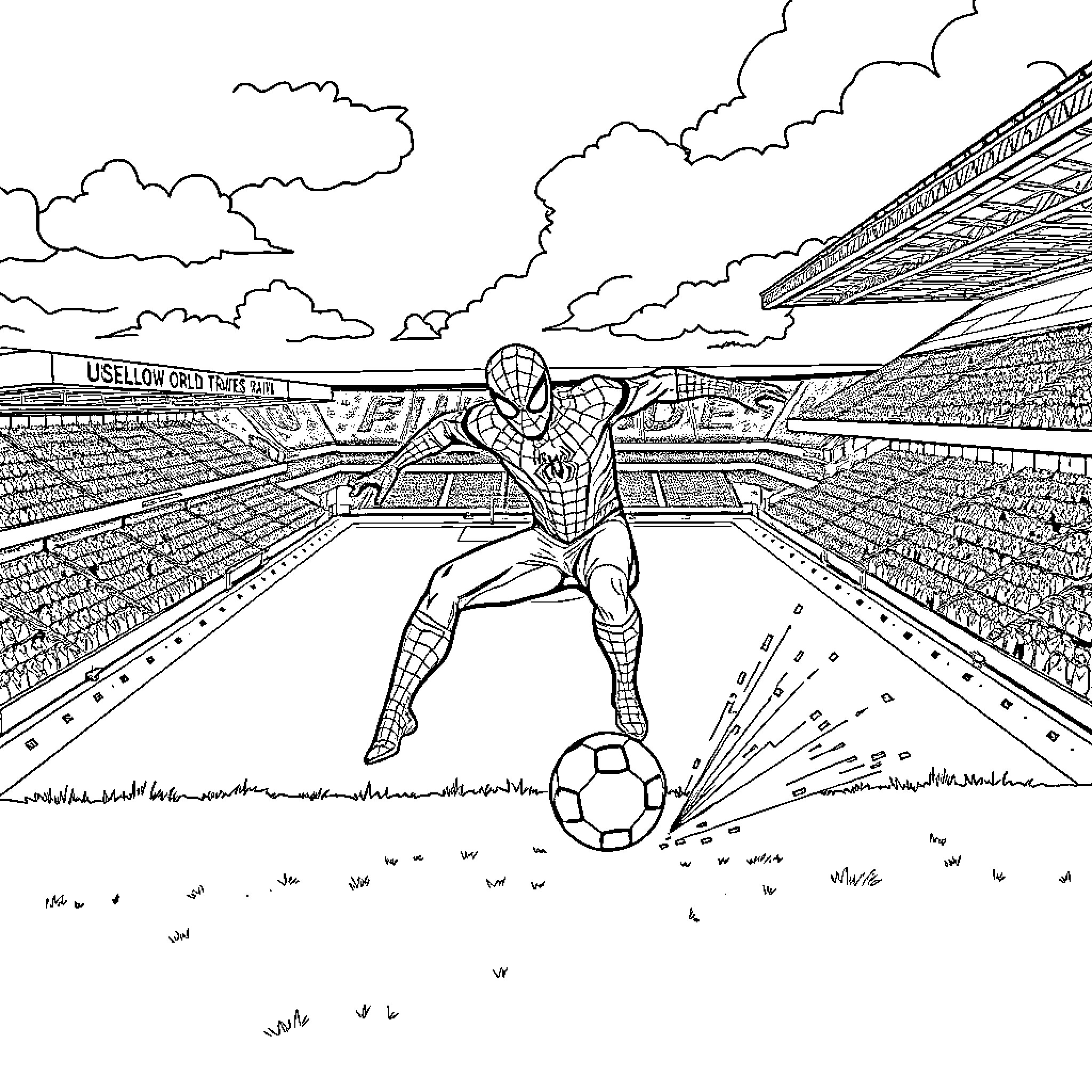 Spider-Man kicking a soccer ball in a stadium Coloring Page (free black-and-white line drawing printable PDF for all, from beginners to advanced learners, including children, teens, adults, and seniors)