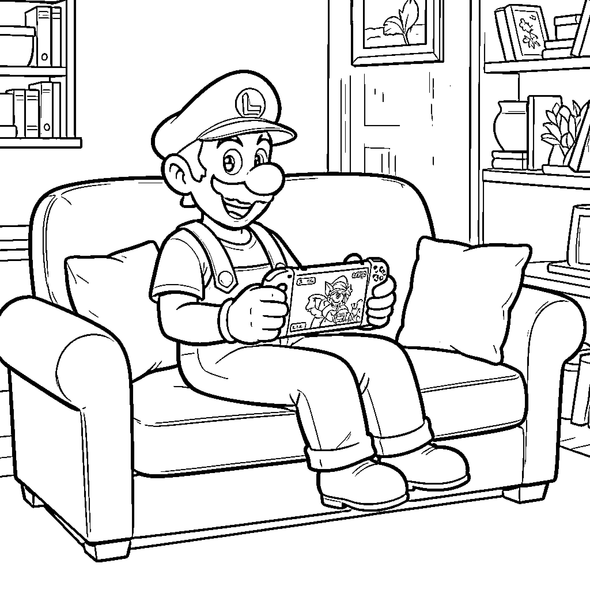 Luigi sitting on a sofa playing handheld video games Coloring Page (free black-and-white line drawing printable PDF for all, from beginners to advanced learners, including children, teens, adults, and seniors)