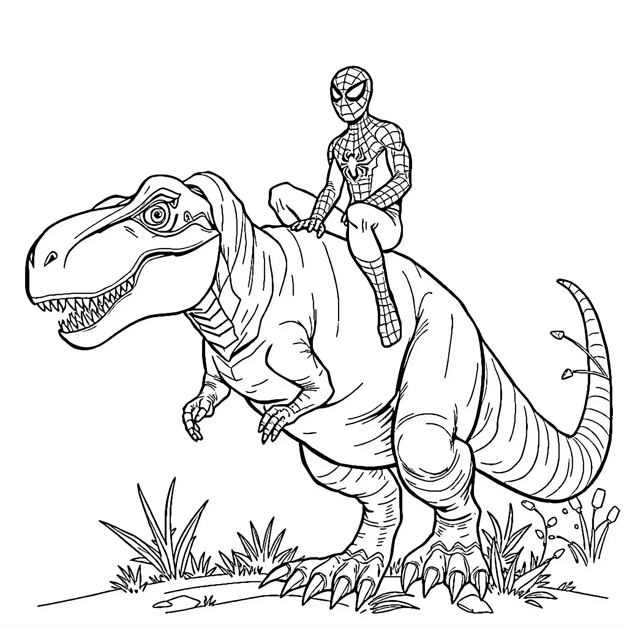 Spiderman riding a fierce dinosaur in the wilderness Coloring Page (free black-and-white line drawing printable PDF for all, from beginners to advanced learners, including children, teens, adults, and seniors)