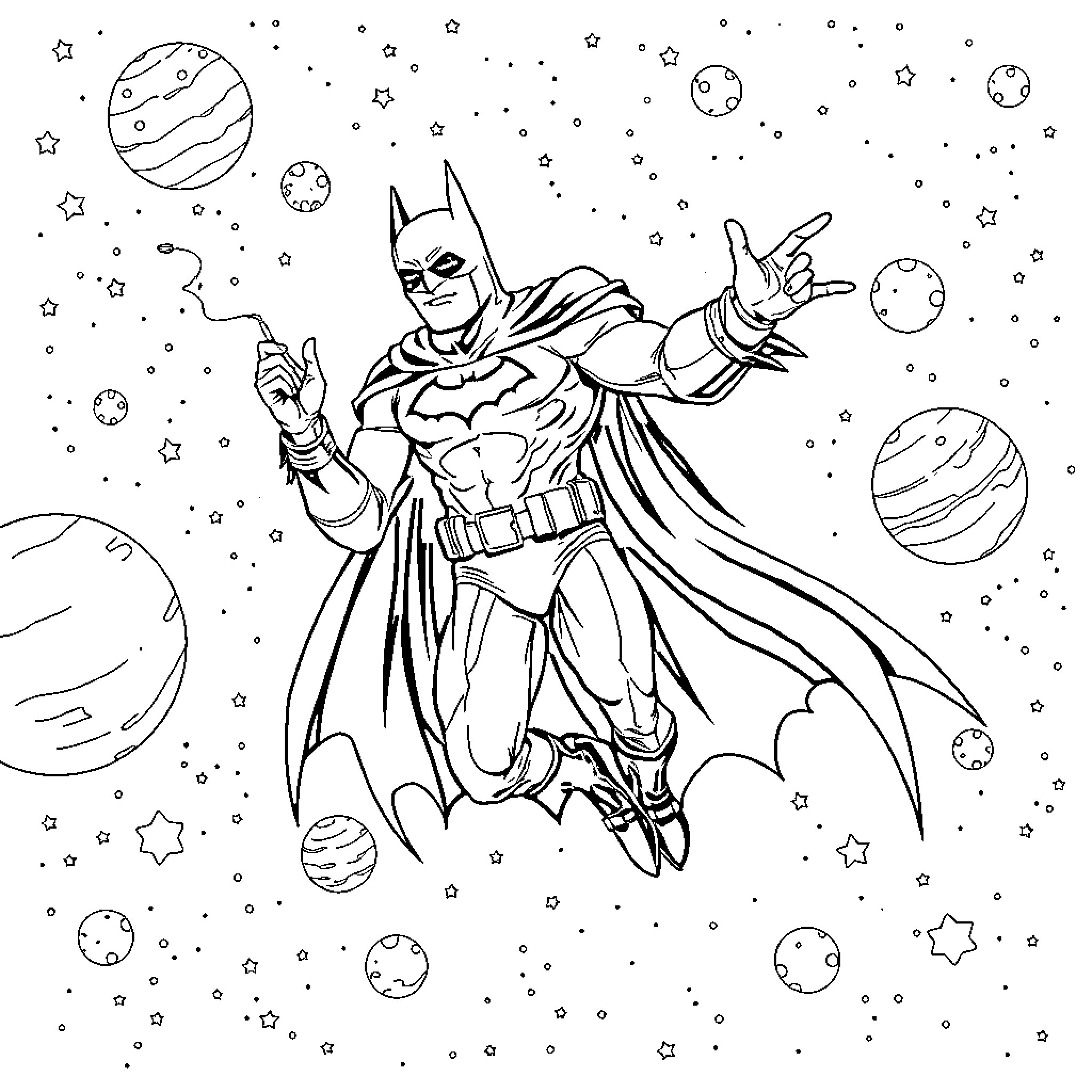 Batman's Cosmic Adventure Coloring Page (free black-and-white line drawing printable PDF for all, from beginners to advanced learners, including children, teens, adults, and seniors)