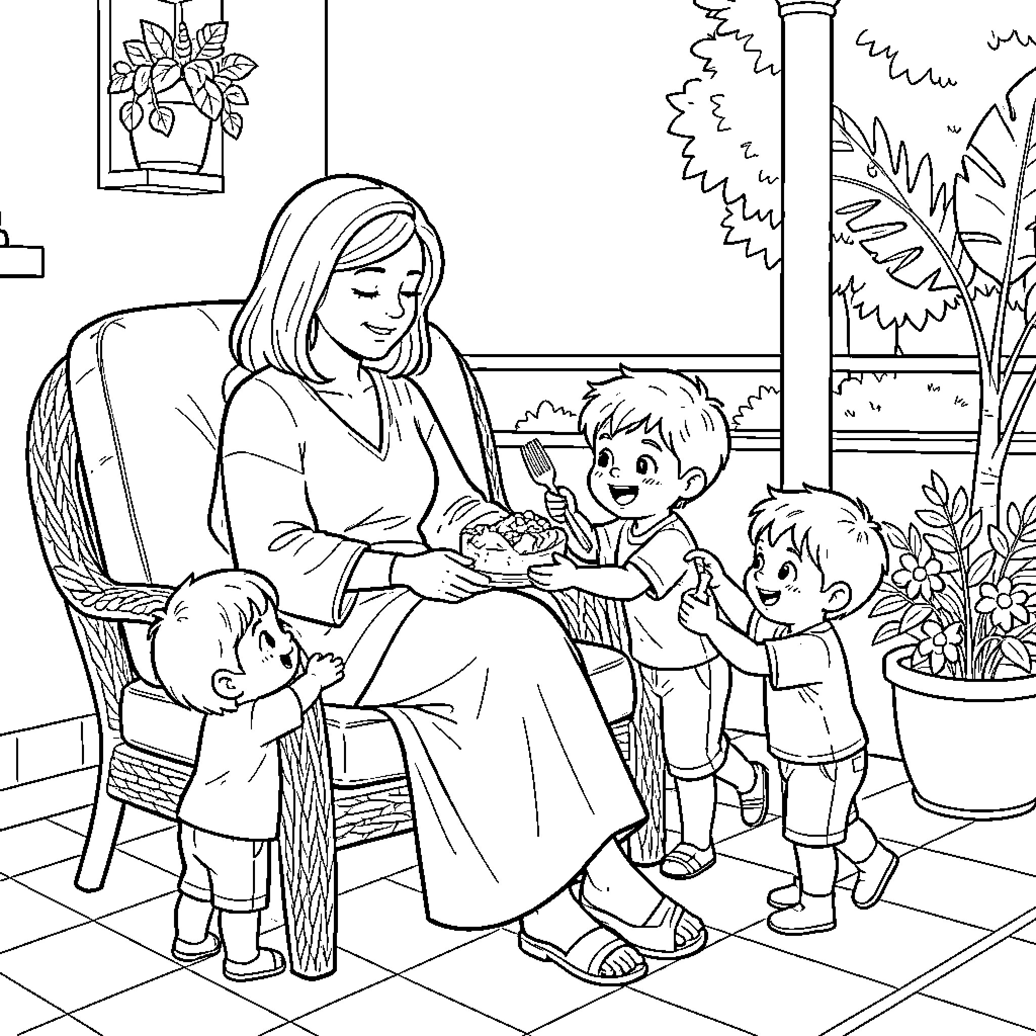 Mother sitting on a chair with her young children Coloring Page (free black-and-white line drawing printable PDF for all, from beginners to advanced learners, including children, teens, adults, and seniors)